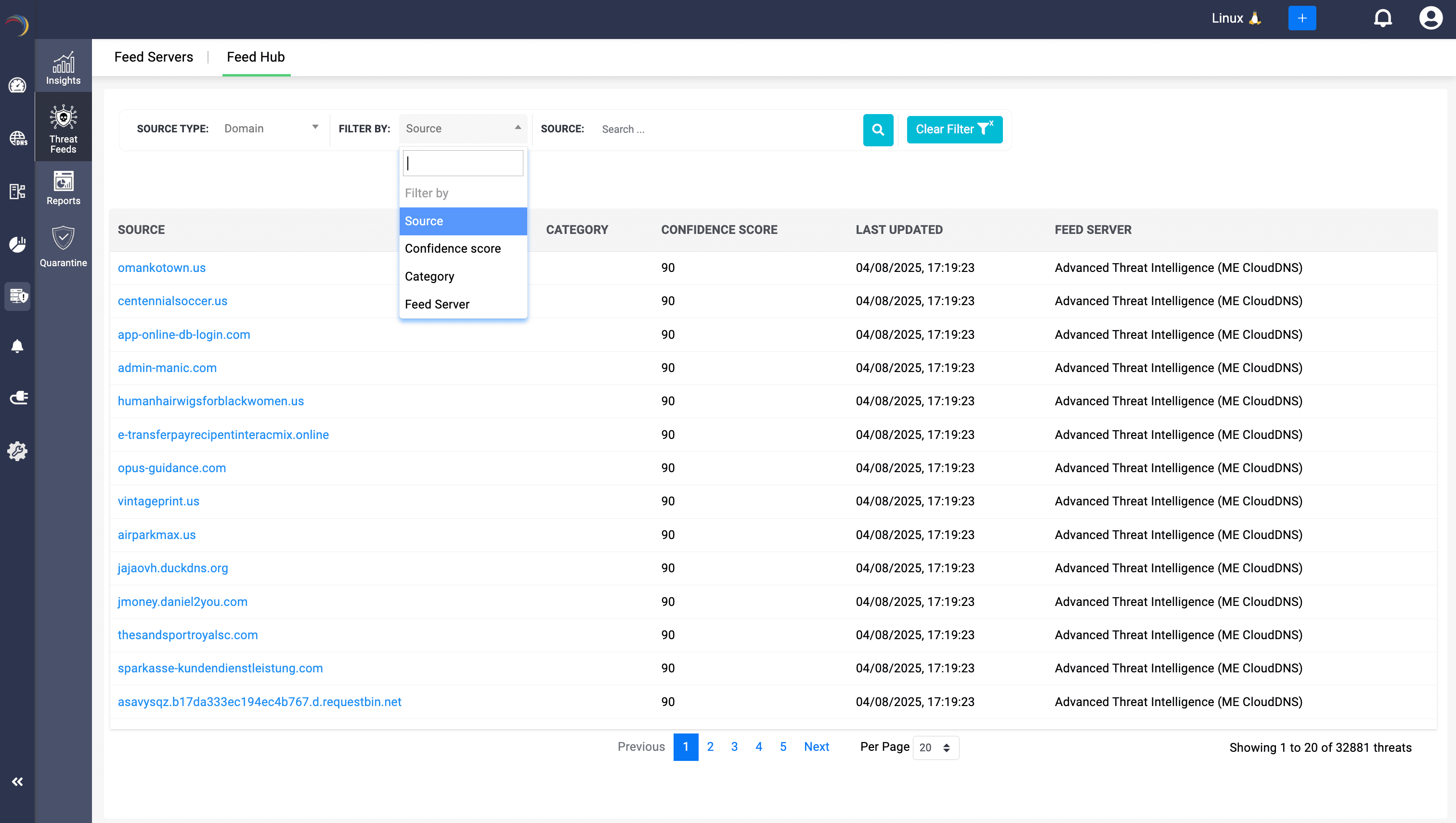Feed Hub interface with filter options