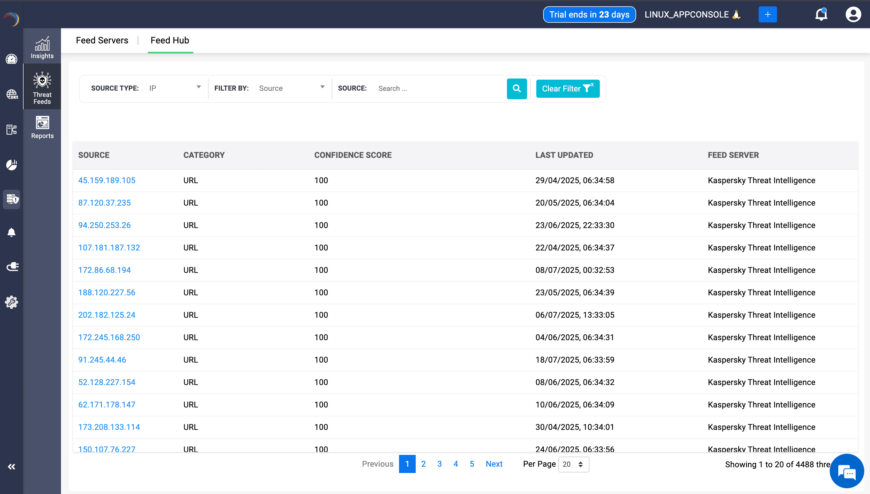 Feed Hub interface with filter options