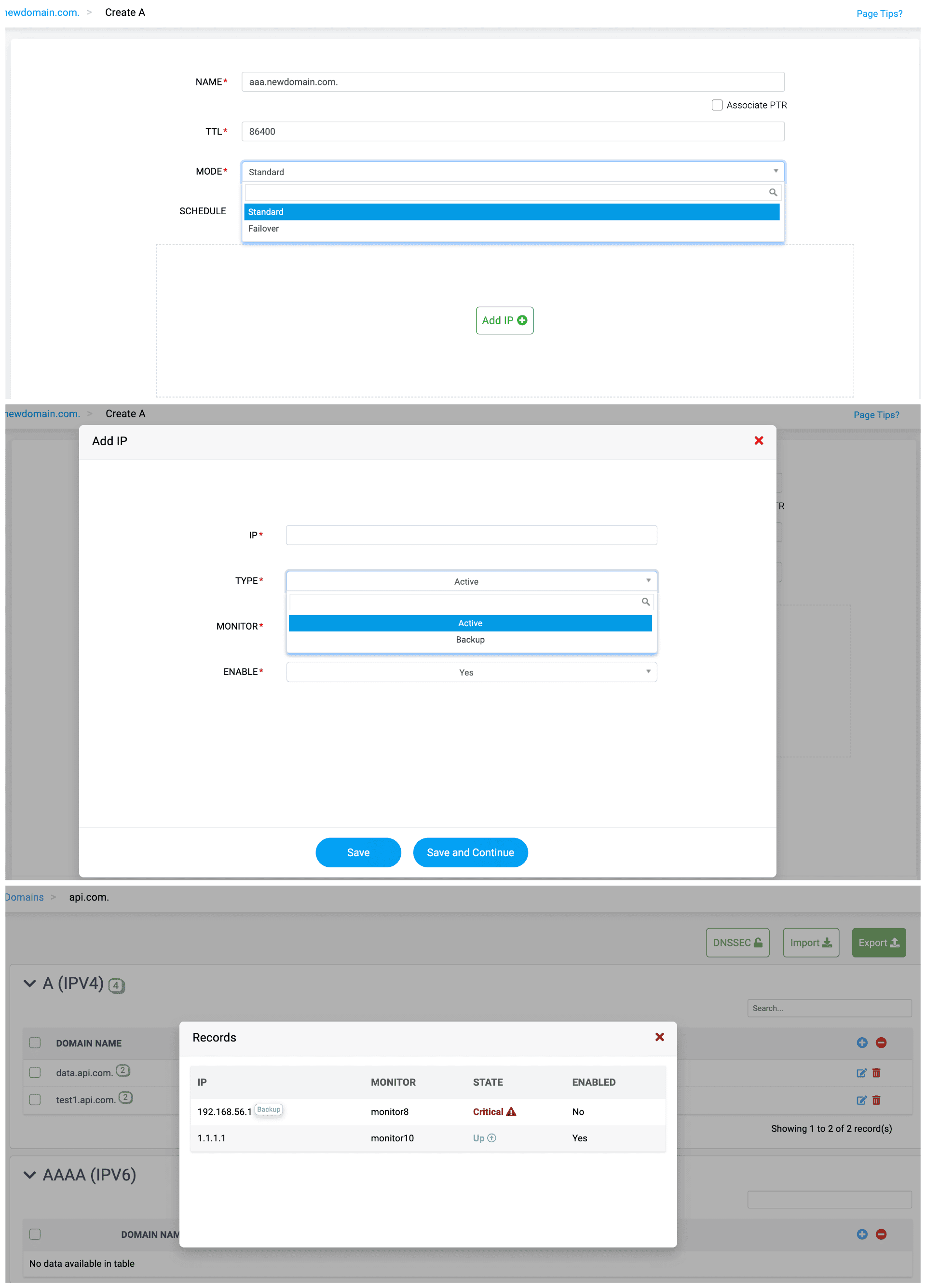 Monitors for DNS records