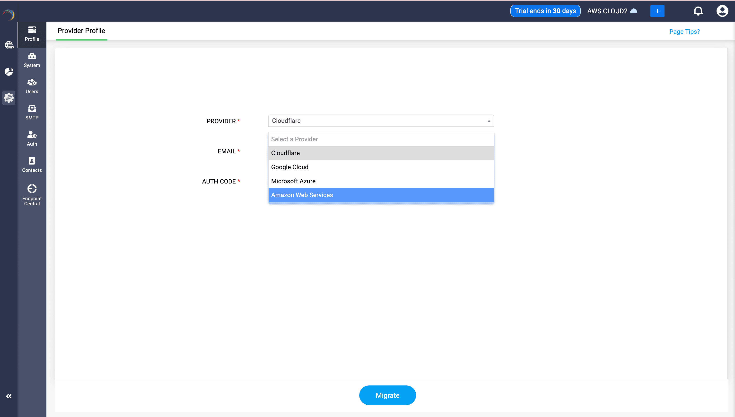 Provider profile dropdown showing cloud providers