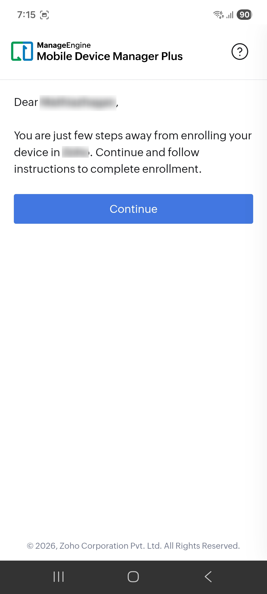 Android device enrollment — step 2 in ManageEngine MDM
