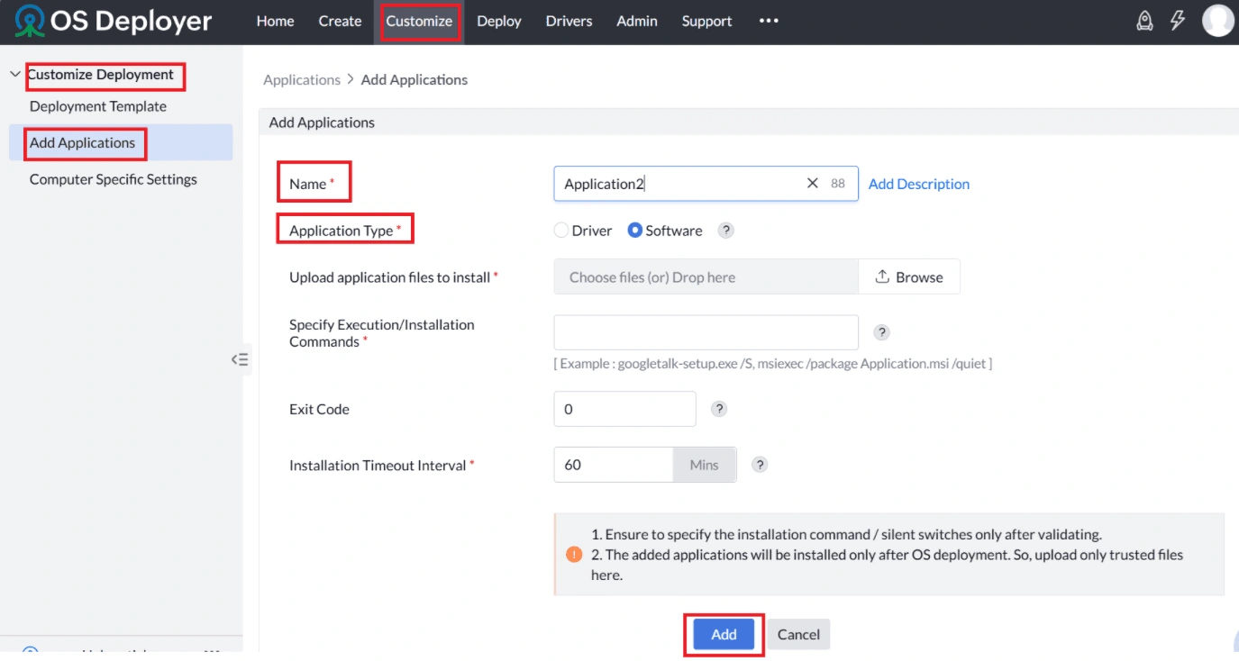 Navigation option for adding applications