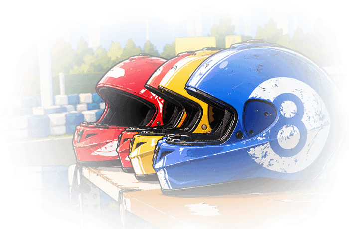 Racing helmets lined up