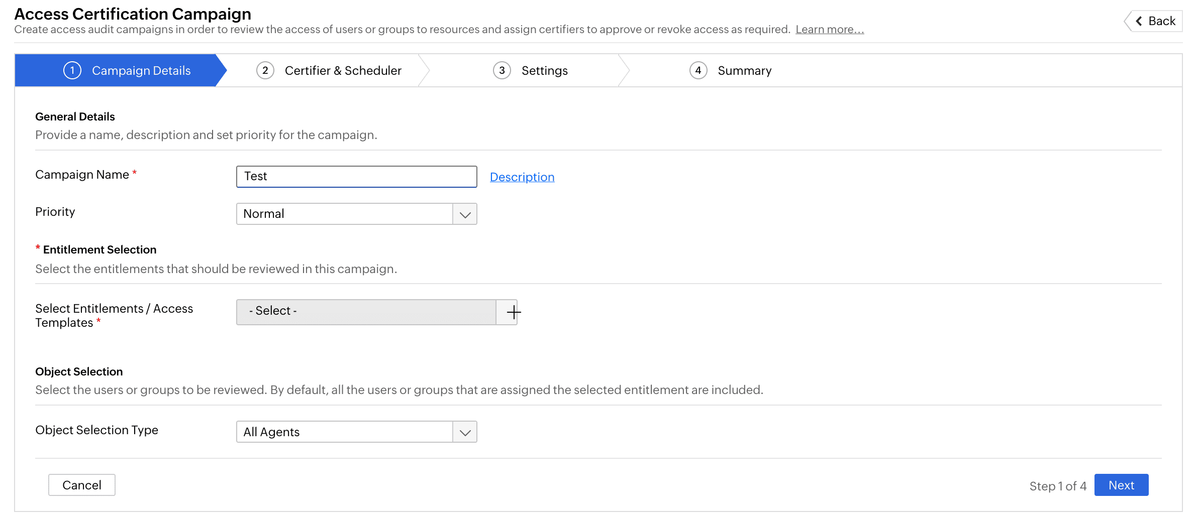 The Access Certification Campaign page in SecureAI showing the options to create an access policy for Gemini AI agents to decide which resources they can and cannot have permissions over.