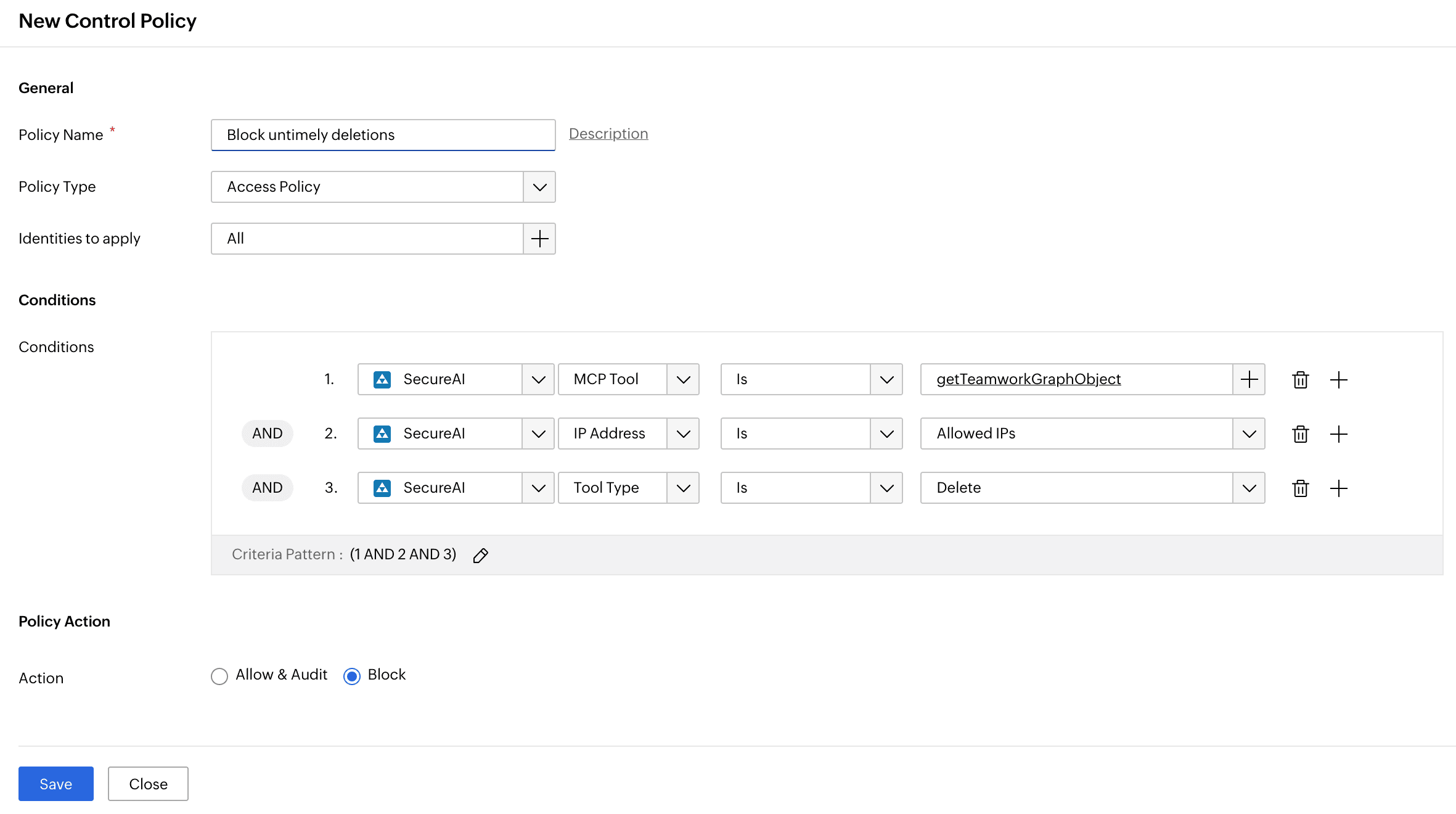 The Control Policy page in SecureAI showing the options to create a policy for Gemini AI agents to block their Delete operations when executed after business hours