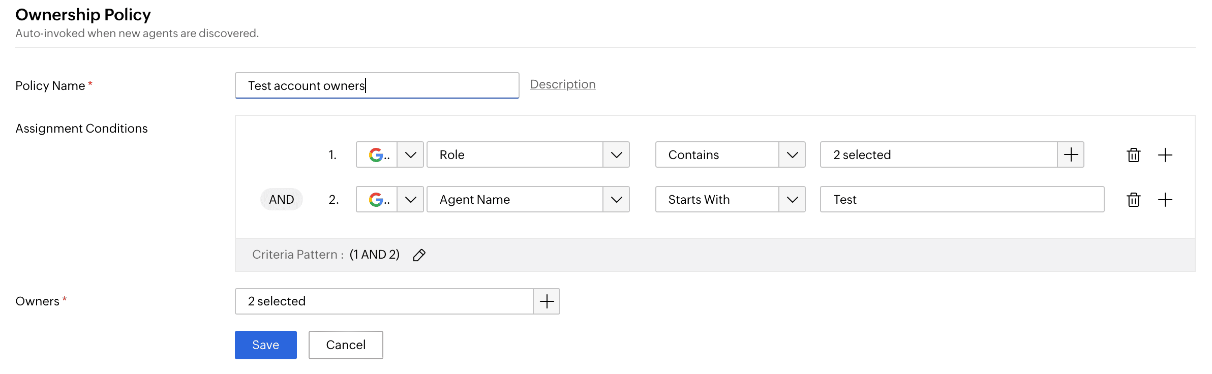 SecureAI Ownership Policy assigning agent owners automatically based on role and agent name conditions.