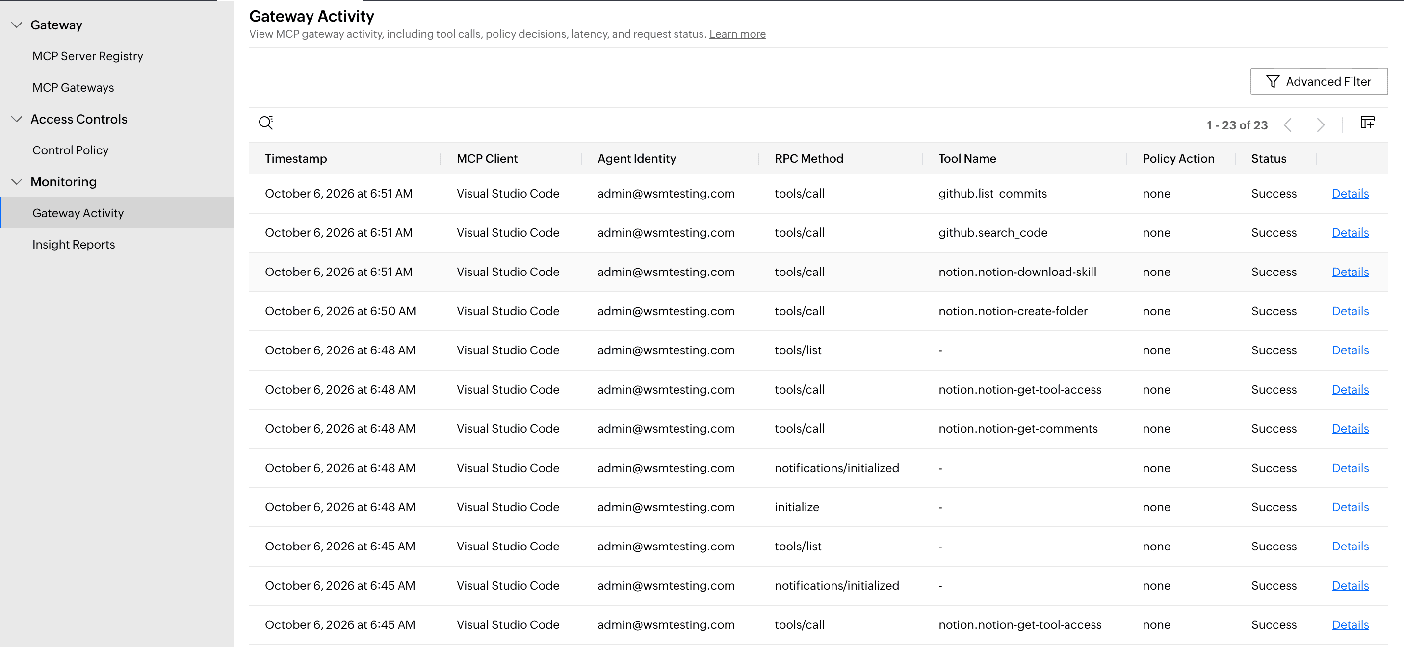 SecureAI Gateway Activity log showing timestamped MCP tool calls with agent identity, policy action, and status.