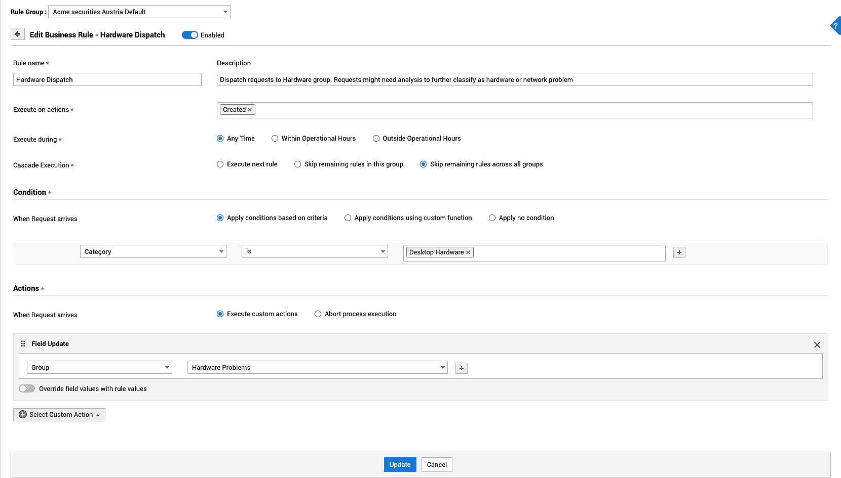 Business Rules in ServiceDesk Plus MSP for automating ticket workflows and reducing manual tasks