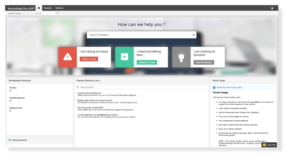 Self-service portal in ServiceDesk Plus MSP for client ticket logging, status tracking, and knowledge base access