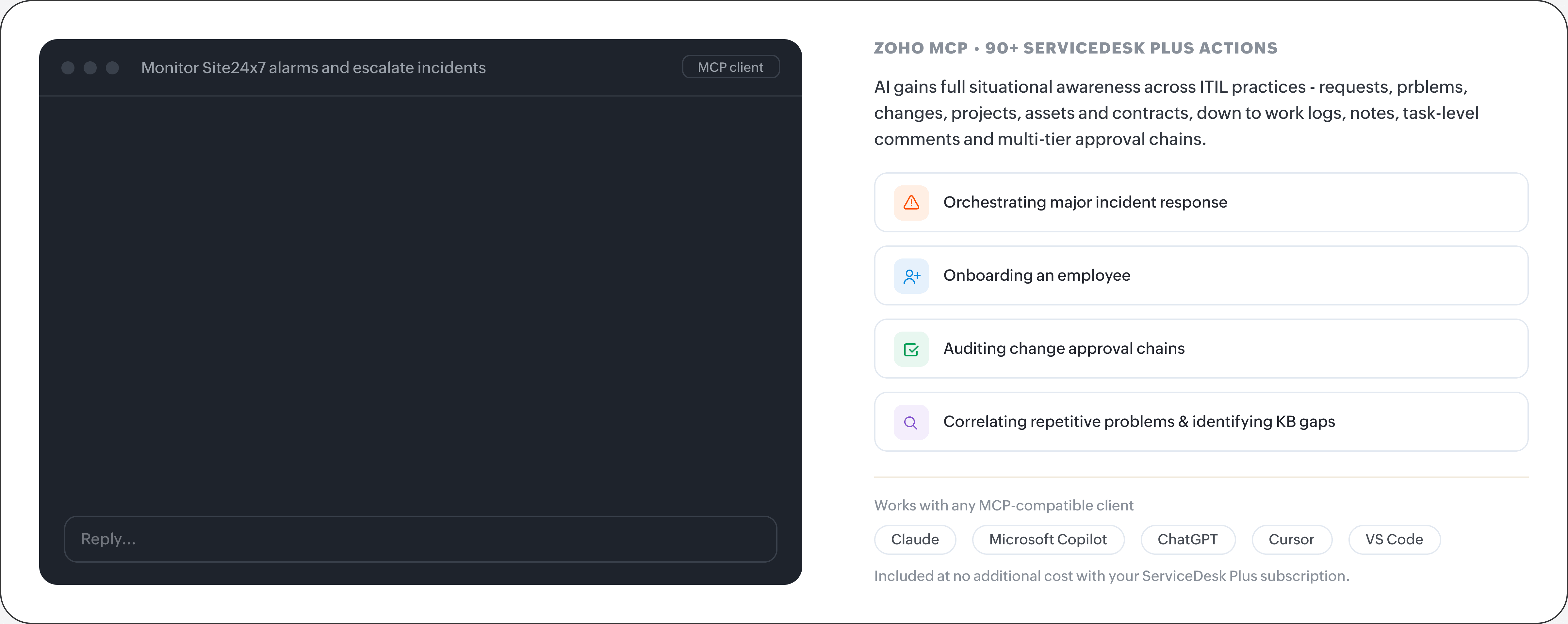Connect via Zoho MCP Zoho MCP connecting ServiceDesk Plus actions to AI clients