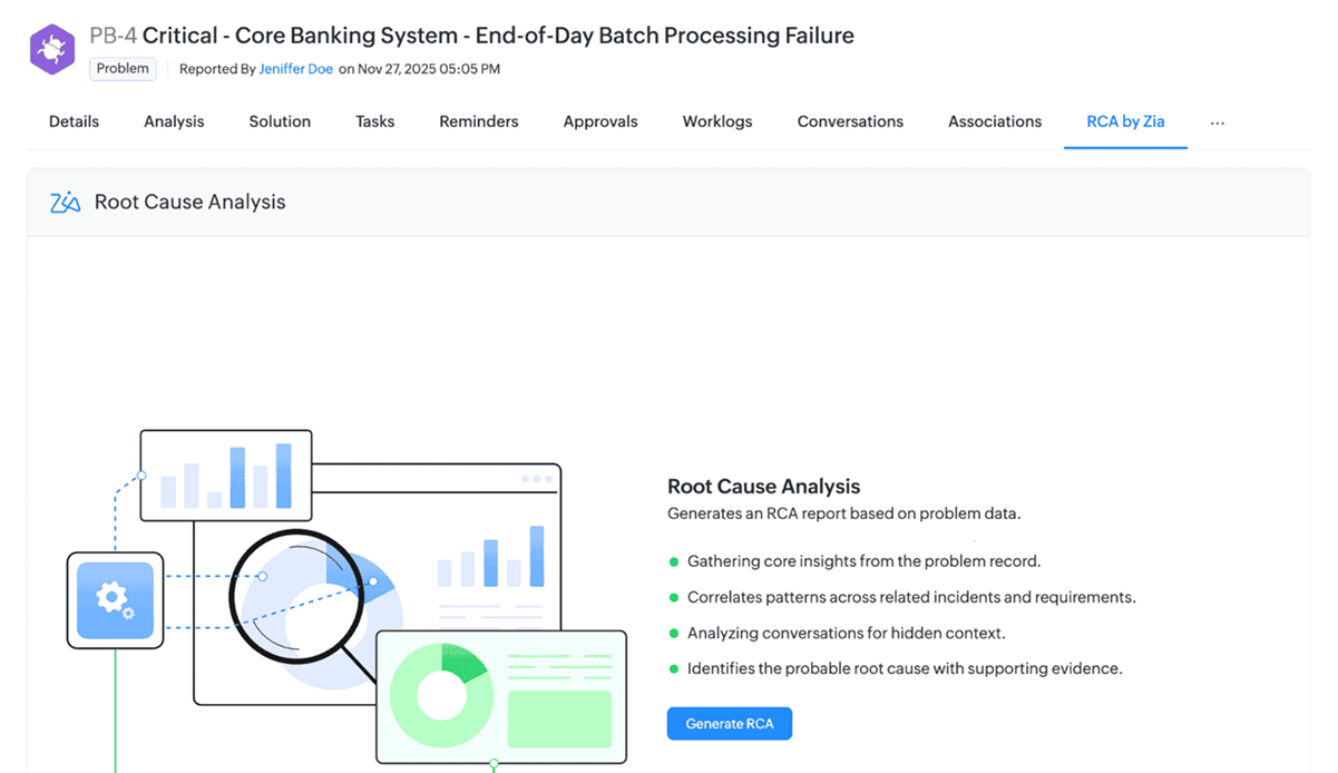AI-generated RCA reports AI-generated RCA reports for incident analysis, documentation, and compliance evidence