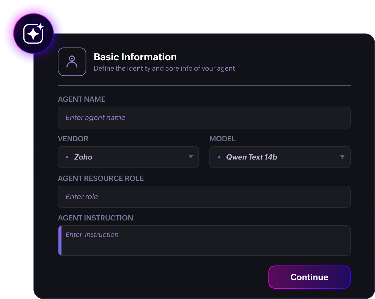 Define a Zia agent's role Interface for defining a Zia agent's role, purpose, and AI model in ServiceDesk Plus