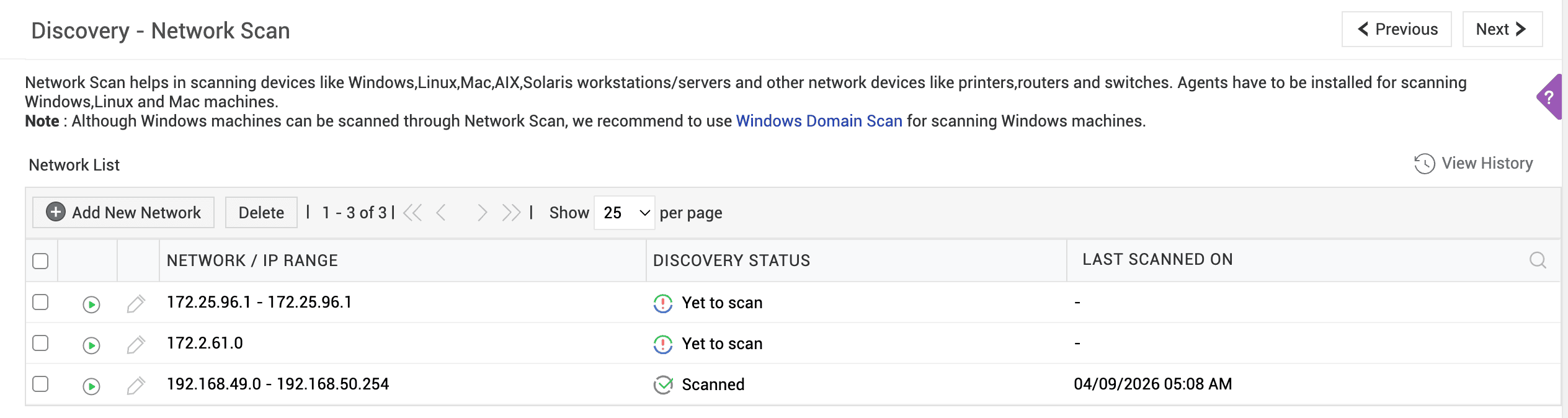 Network Scan in ServiceDesk Plus Network Scan showing configured IP ranges