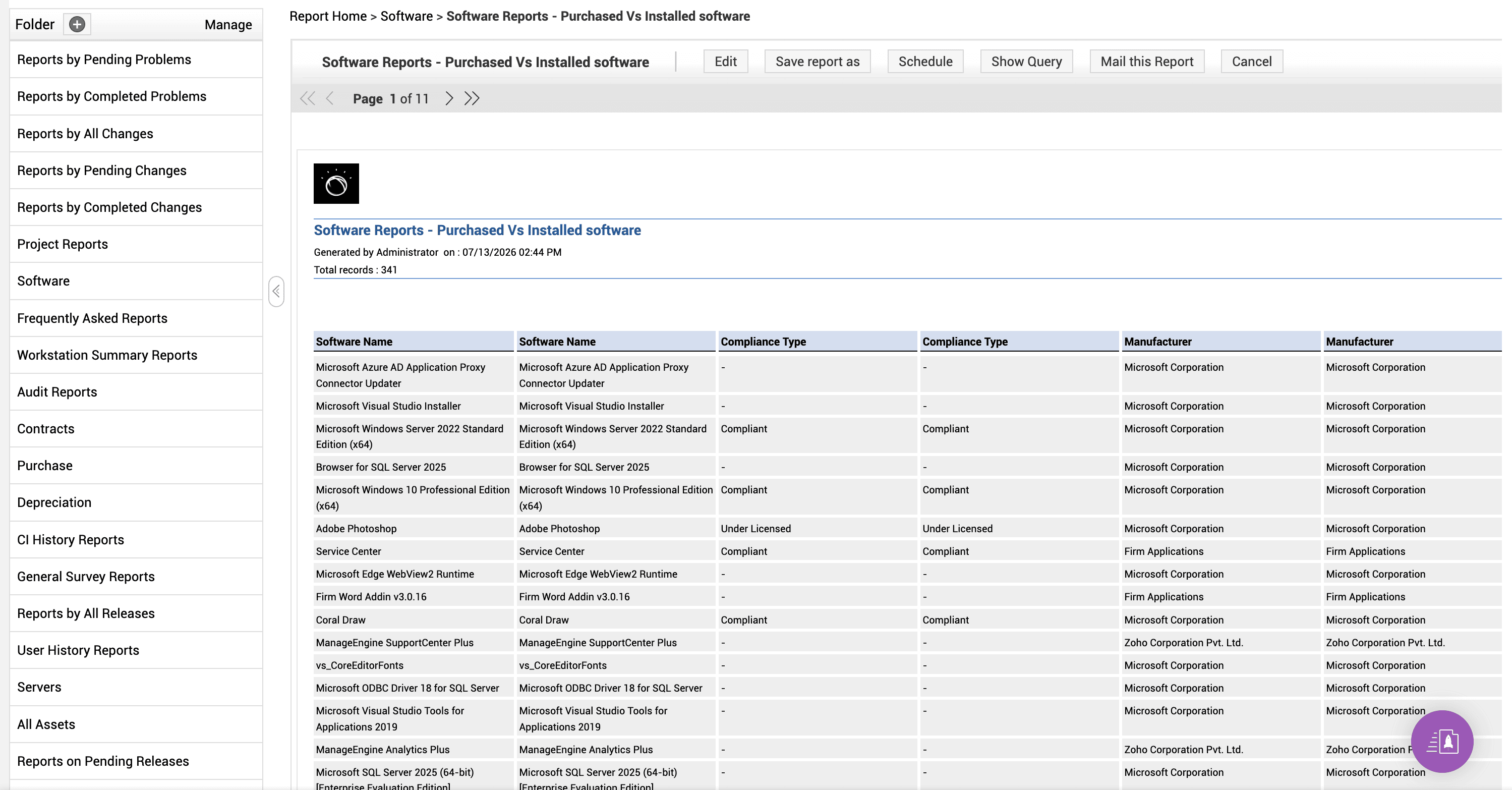 Purchased vs installed software report in ServiceDesk Plus Purchased vs installed software compliance report