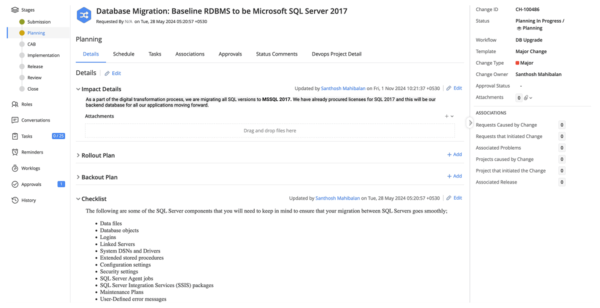 RFCs for change documentation Detailed RFC forms for documenting planned changes, risks, and approvals