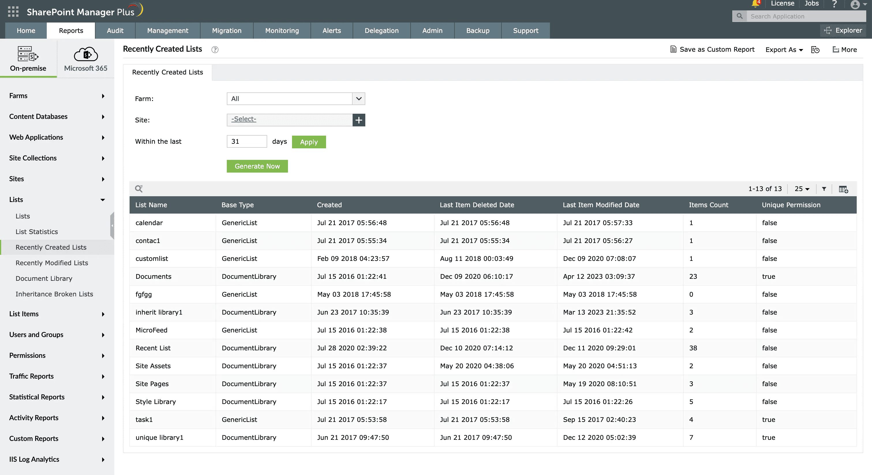 A report on recently created lists generated using SharePoint Manager Plus