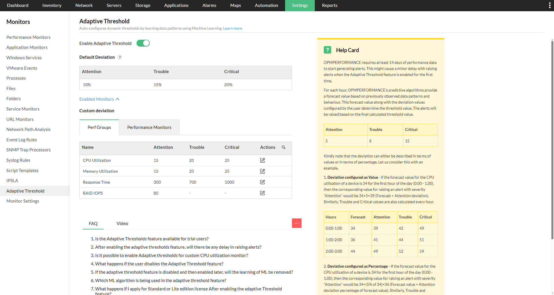 Adaptive Thresholding in ManageEngine OpManager: Adaptive Threshold Configuration