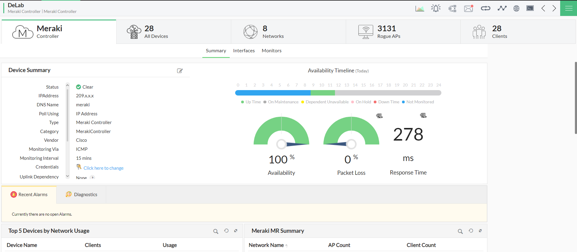 Cisco Meraki Monitoring in OpManager: Device summary overview