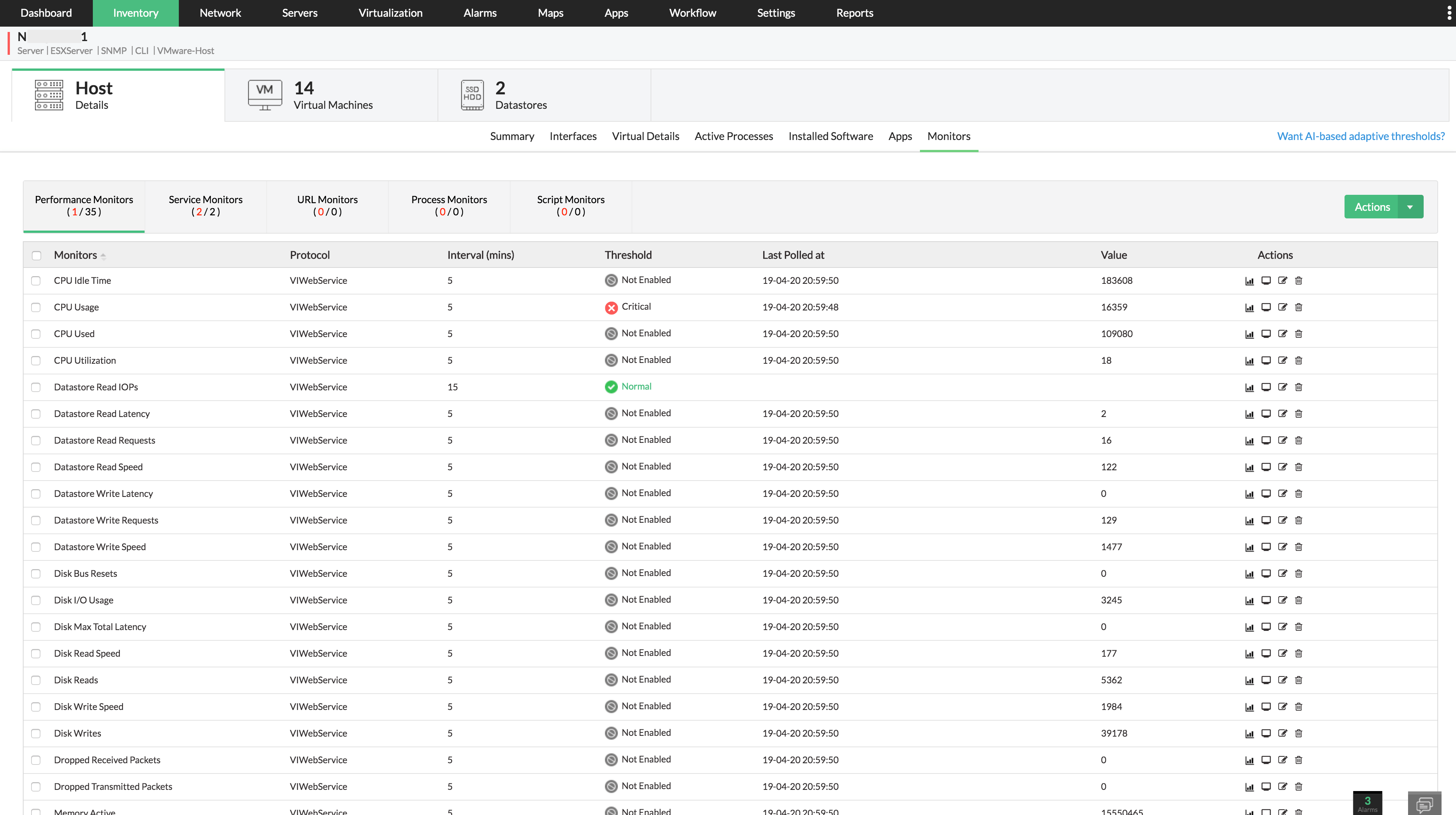 VMware ESX Host Monitoring in OpManager: Threshold settings