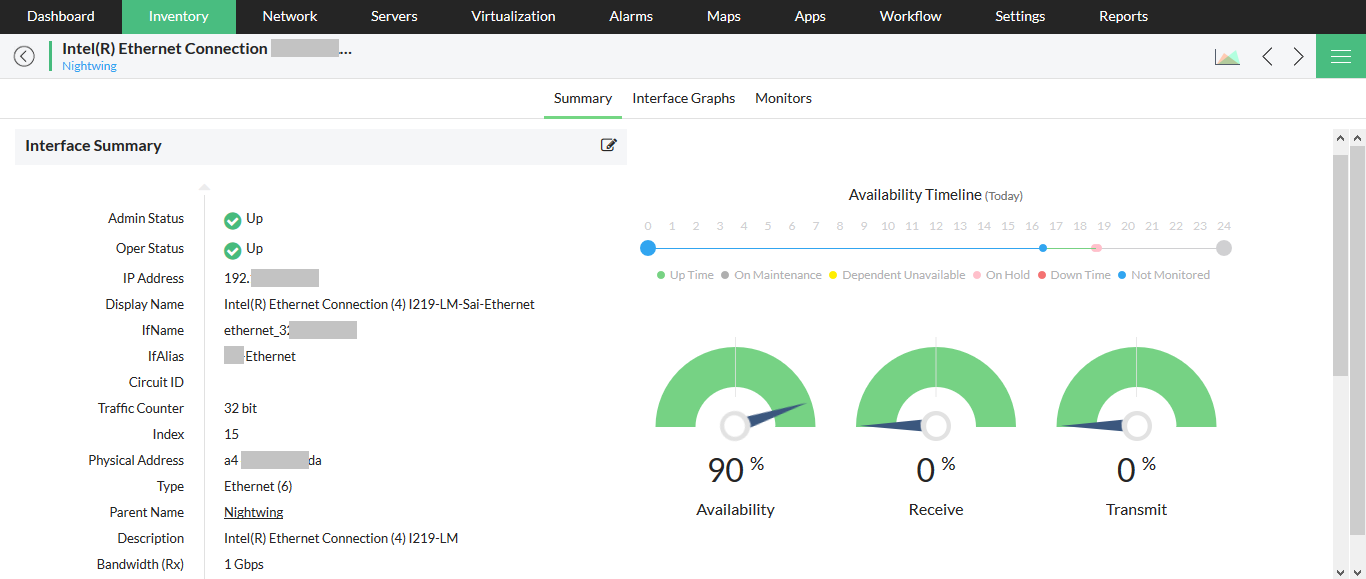 Ethernet Monitoring in OpManager: Interface snapshot