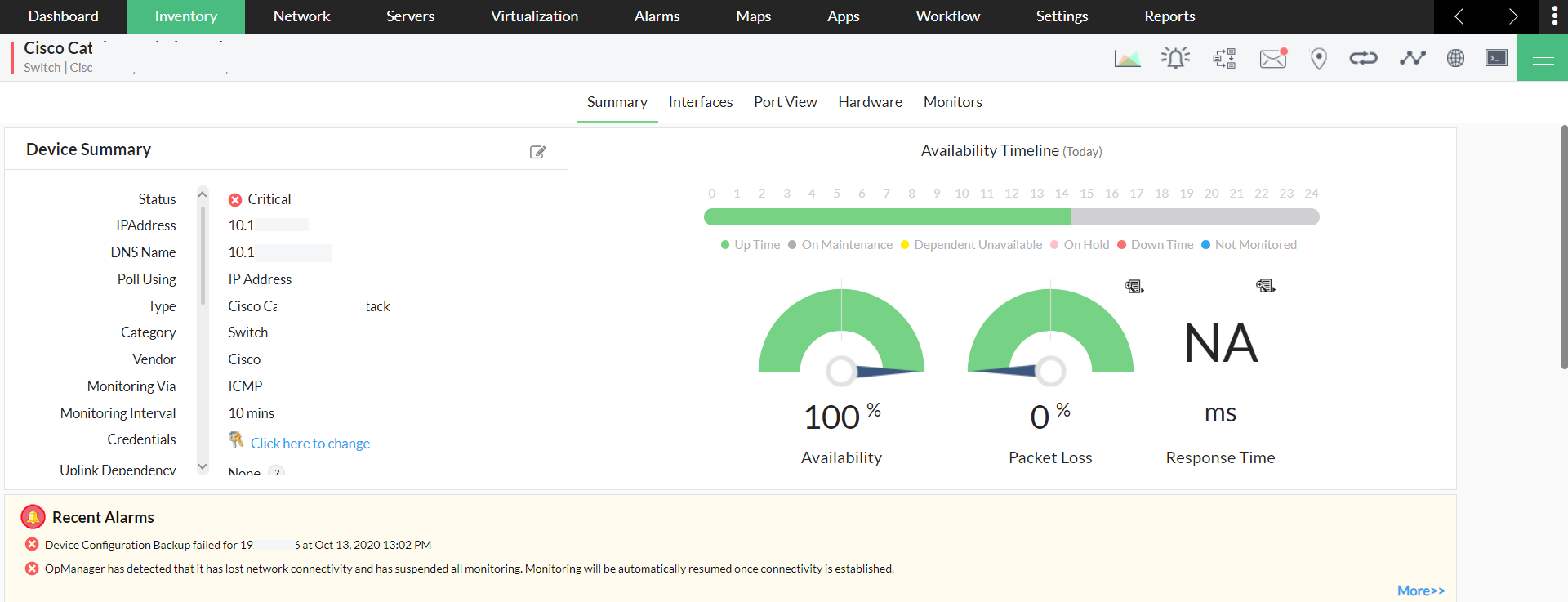 Cisco Switch Monitoring in OpManager: Device summary page