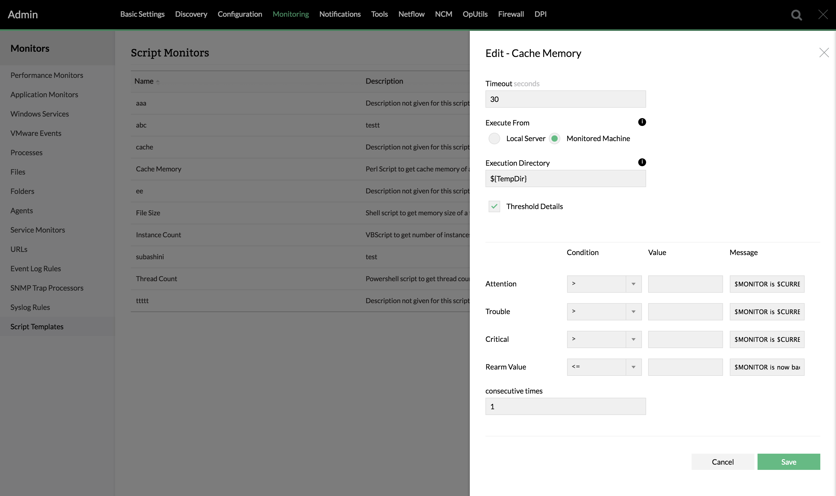 Script monitoring in OpManager: Edit cache memory - Threshold details