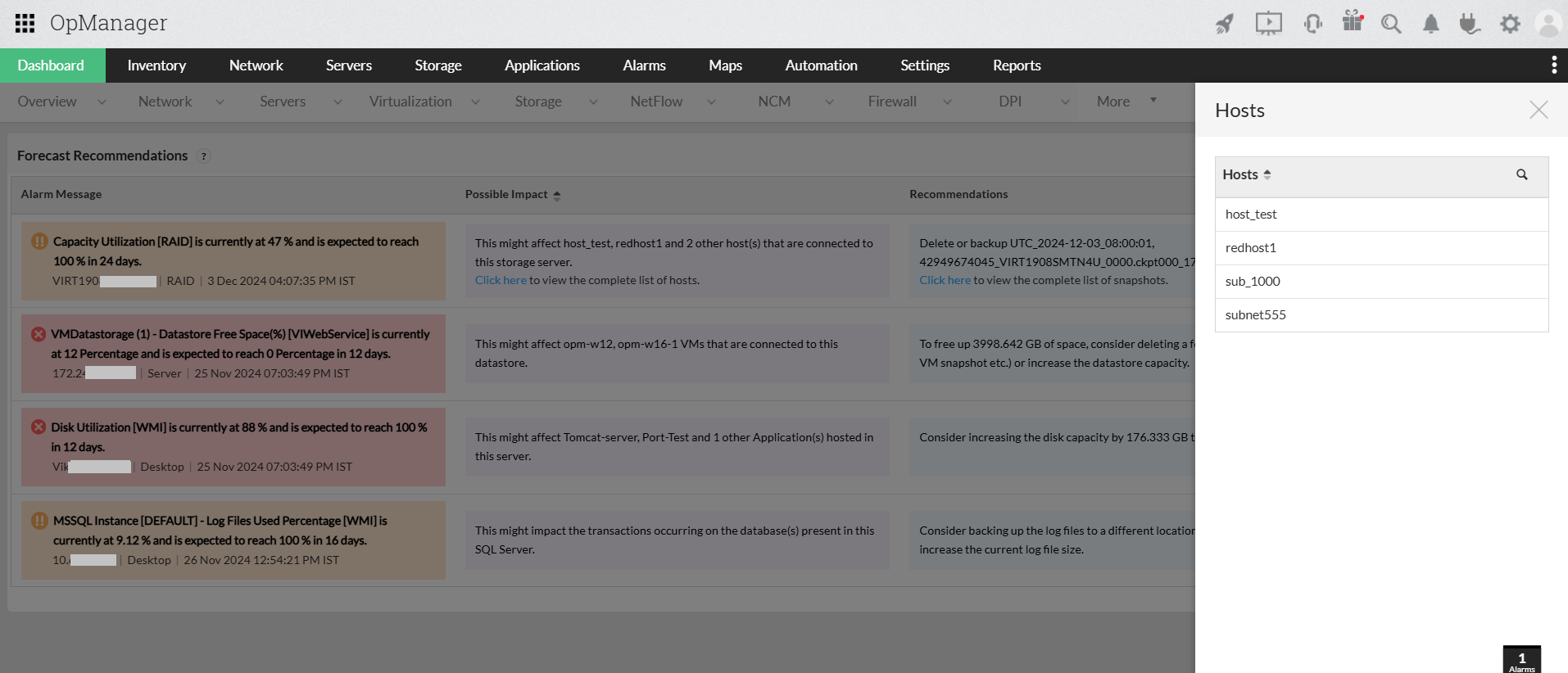 Zia insights dashboard in OpManager: Database