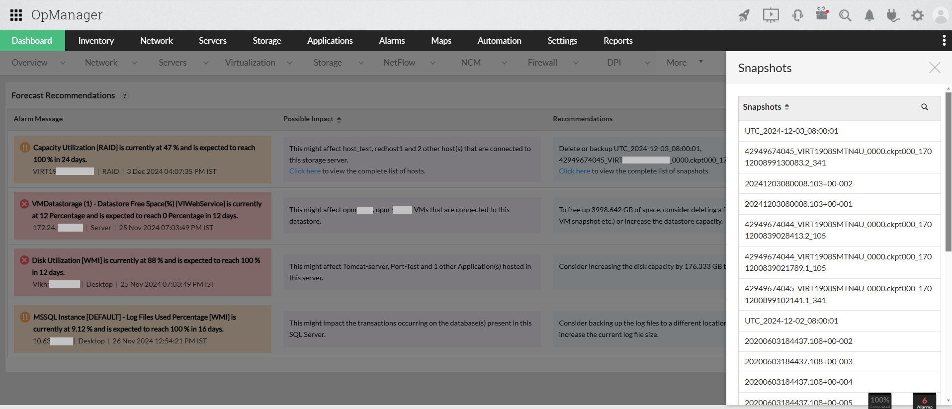 Zia insights dashboard in OpManager: Recommended actions
