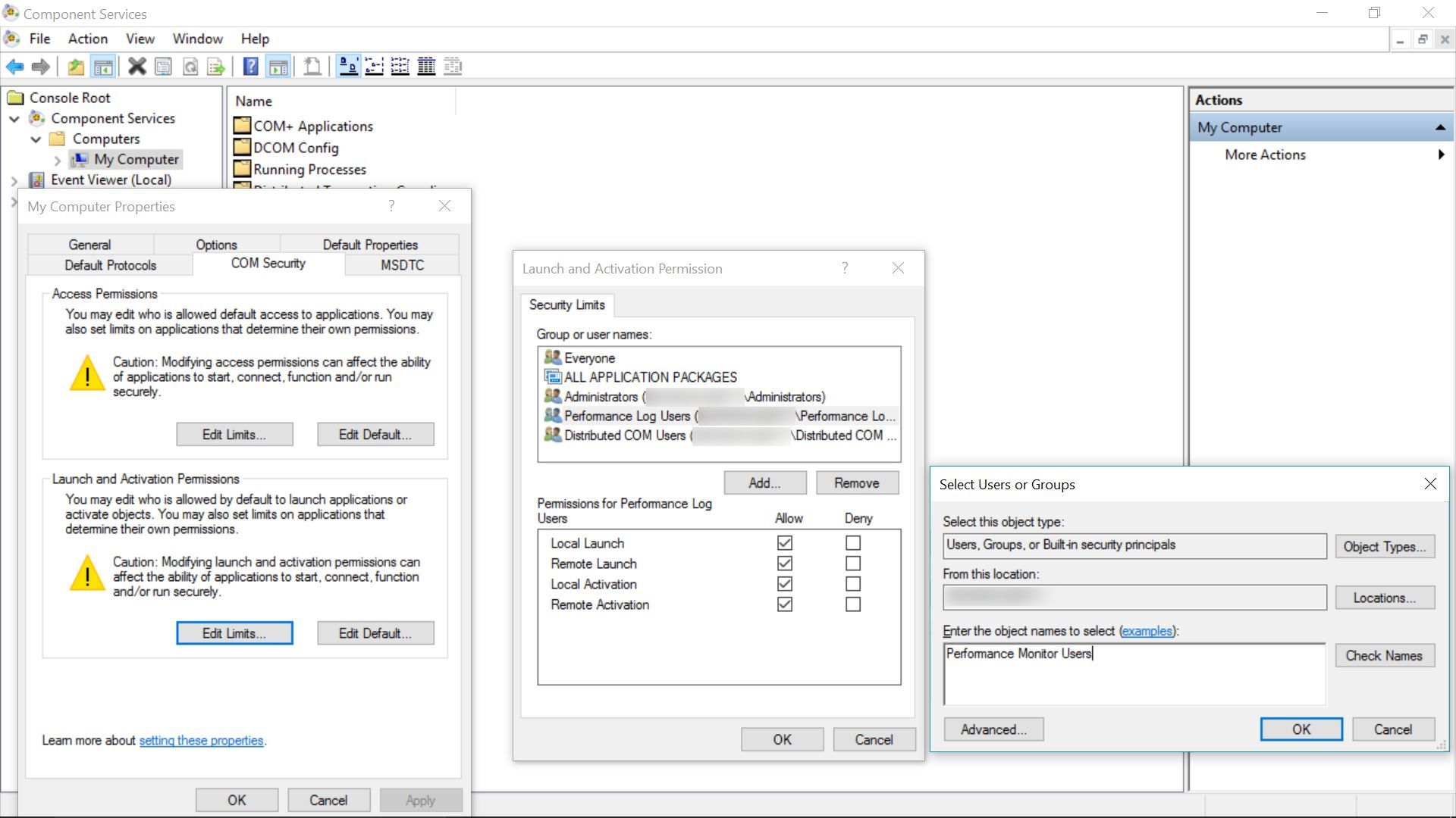 Non admin user account configuration for WMI: Configuring the DCOM Security Settings to allow the groups to access the system remotely