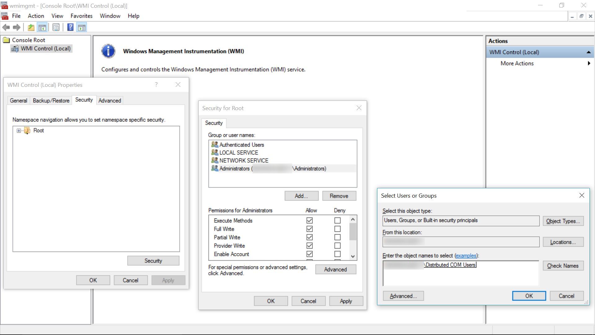 Non admin user account configuration for WMI: Setting the WMI Control security settings to be applied to all namespaces