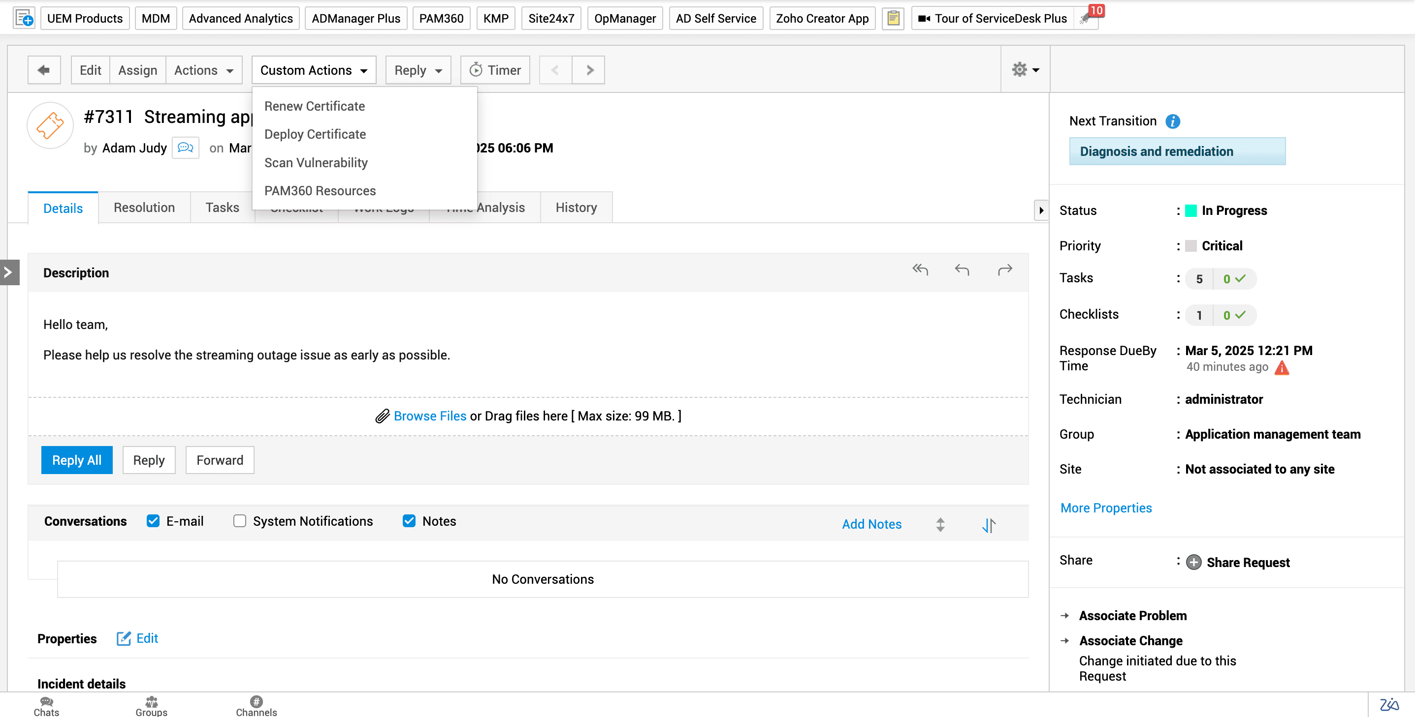 Remote sessions via tickets in ServiceDesk Plus