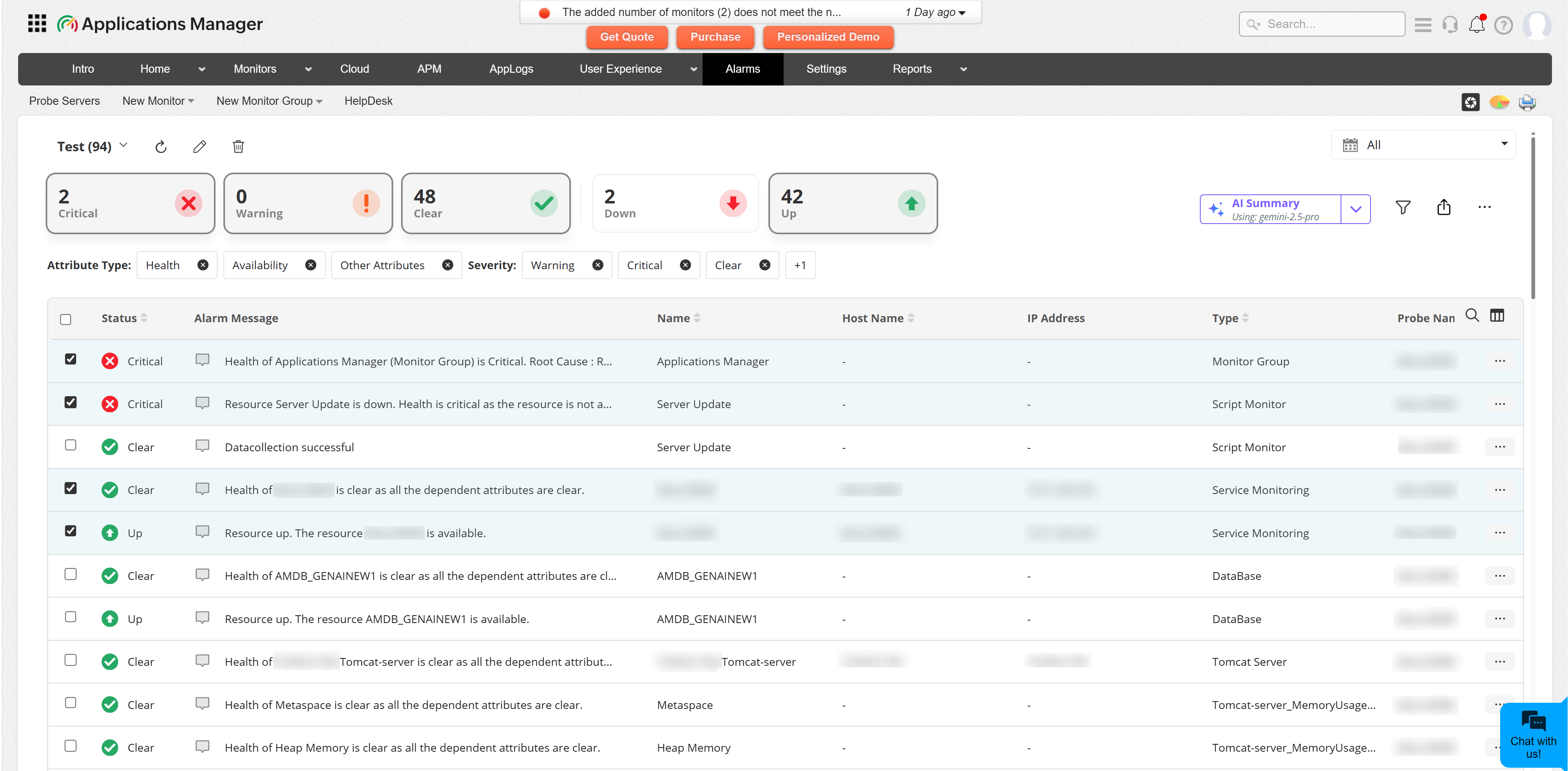 Alarms tab with alarm rows selected and the AI Summary button visible
