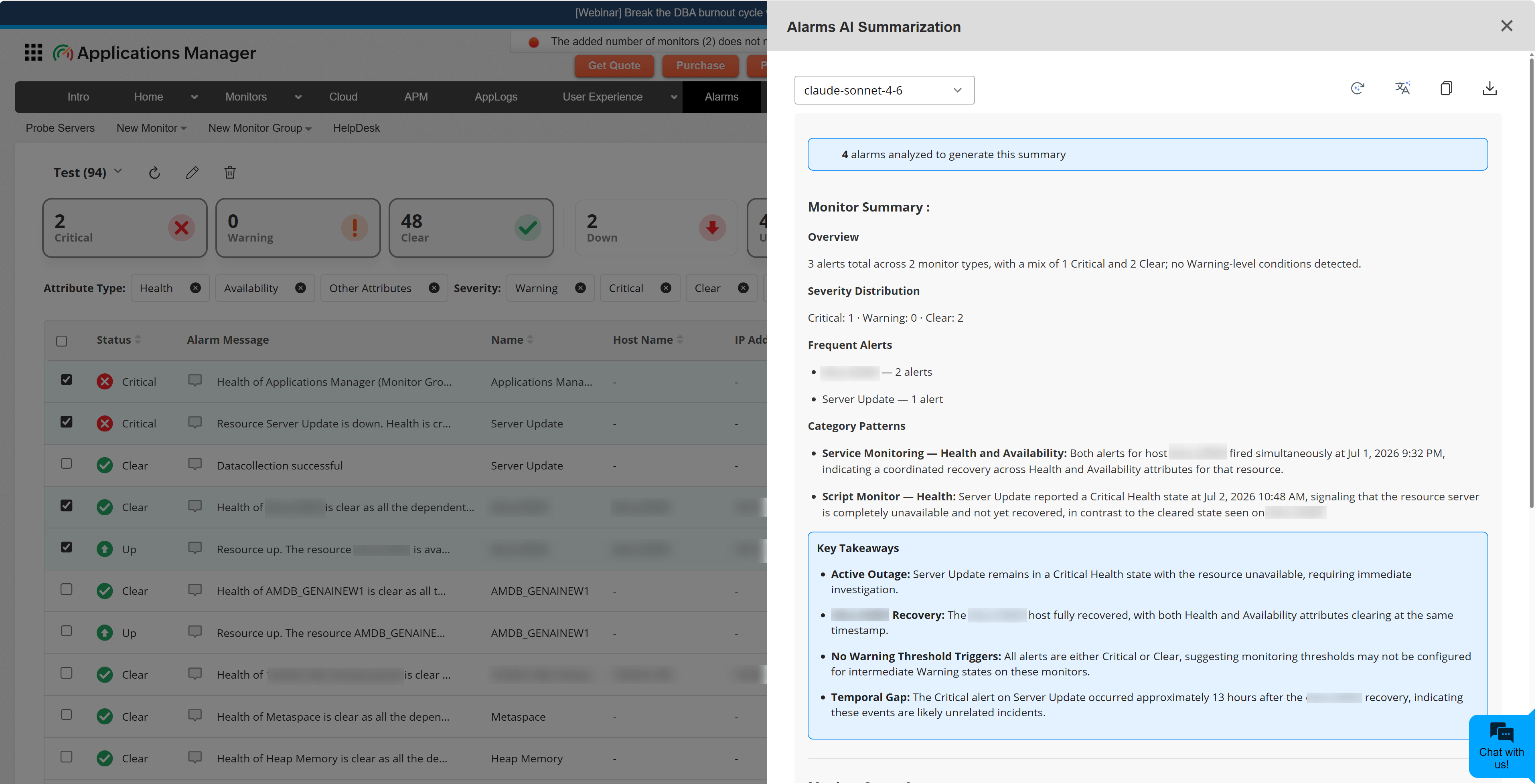 AI summary panel showing the generated alarm summary