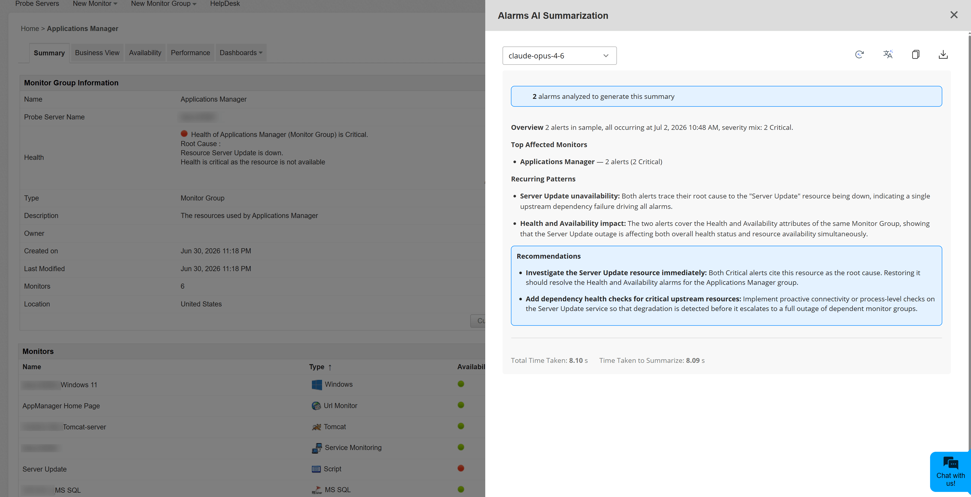 AI summary panel with the generated monitor group alarm summary