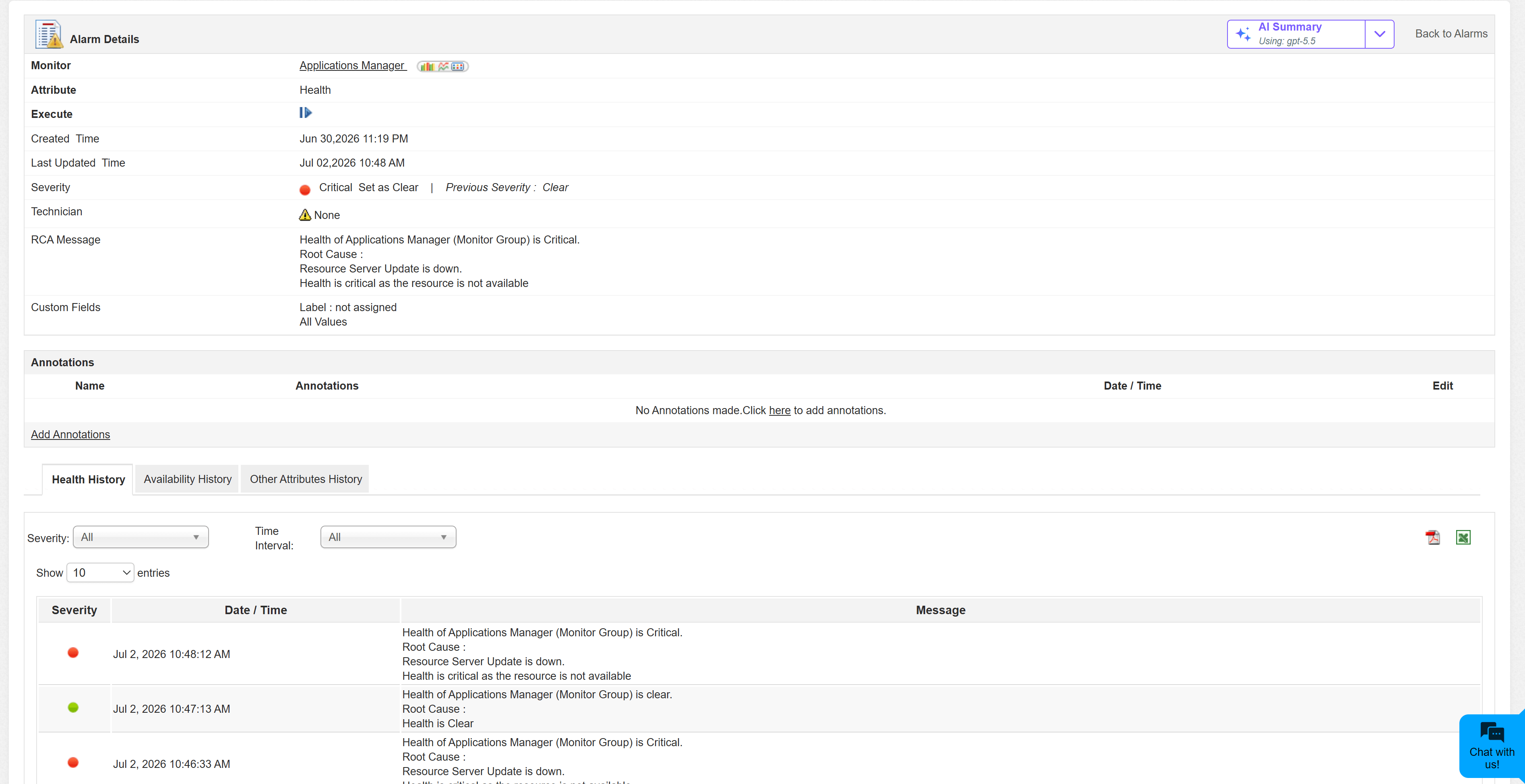 Alarm Details page showing the AI Summary button