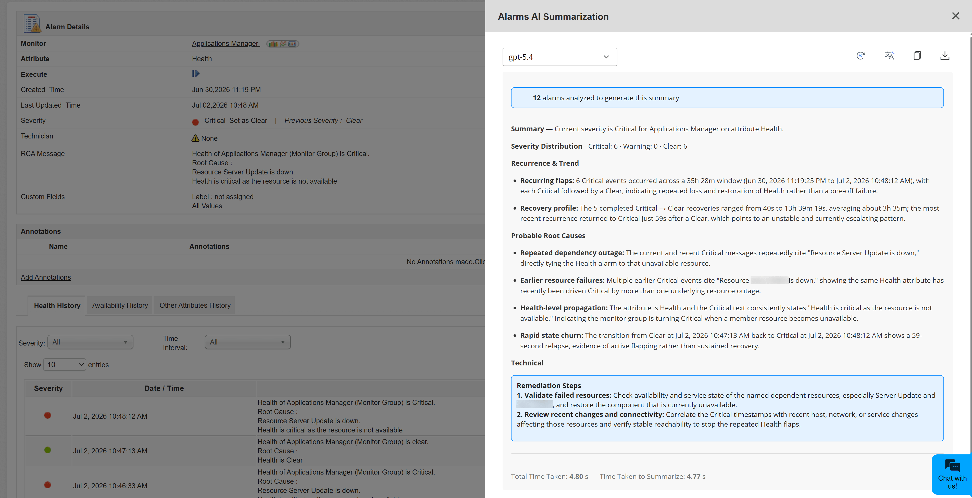 AI summary panel with the generated individual alarm summary