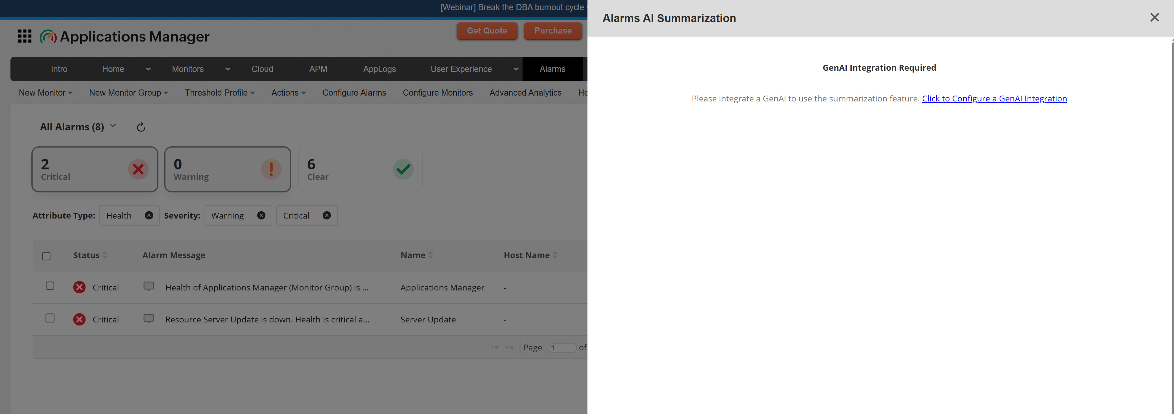 GenAI Integration Required message in Applications Manager when no GenAI provider is configured