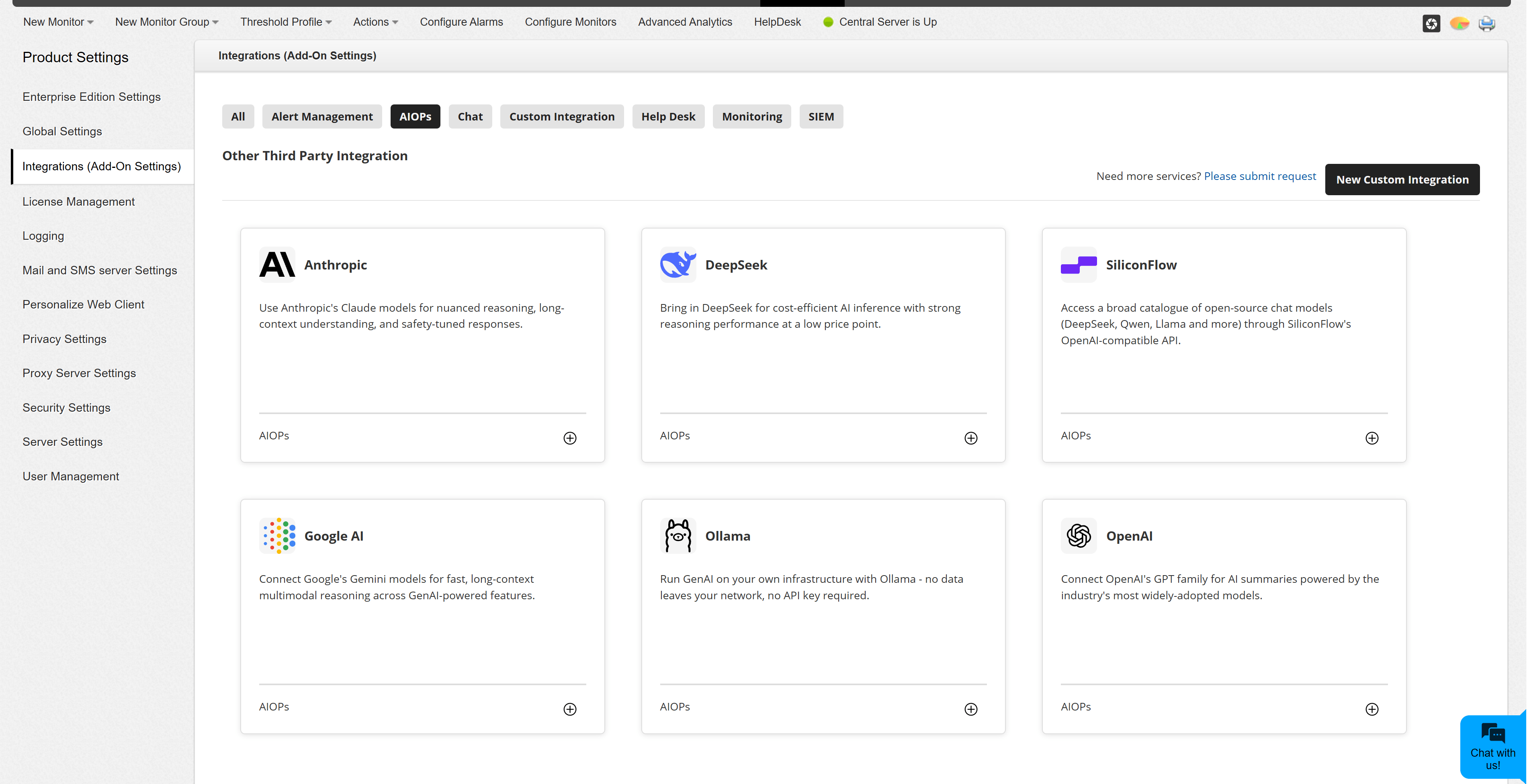 AIOps category showing the supported GenAI integrations