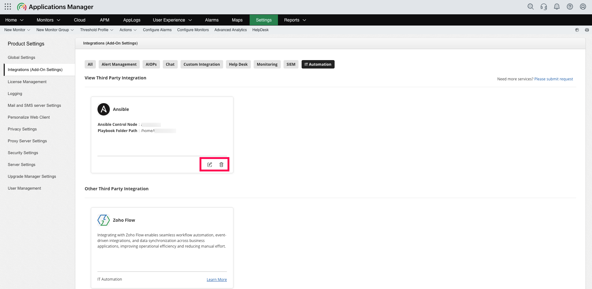 Applications Manager Integrations page showing a configured Ansible card with control node and playbook folder path