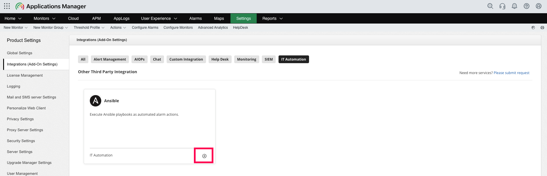 Applications Manager Configure Ansible Integration page with control node, playbook folder path, and credentials fields