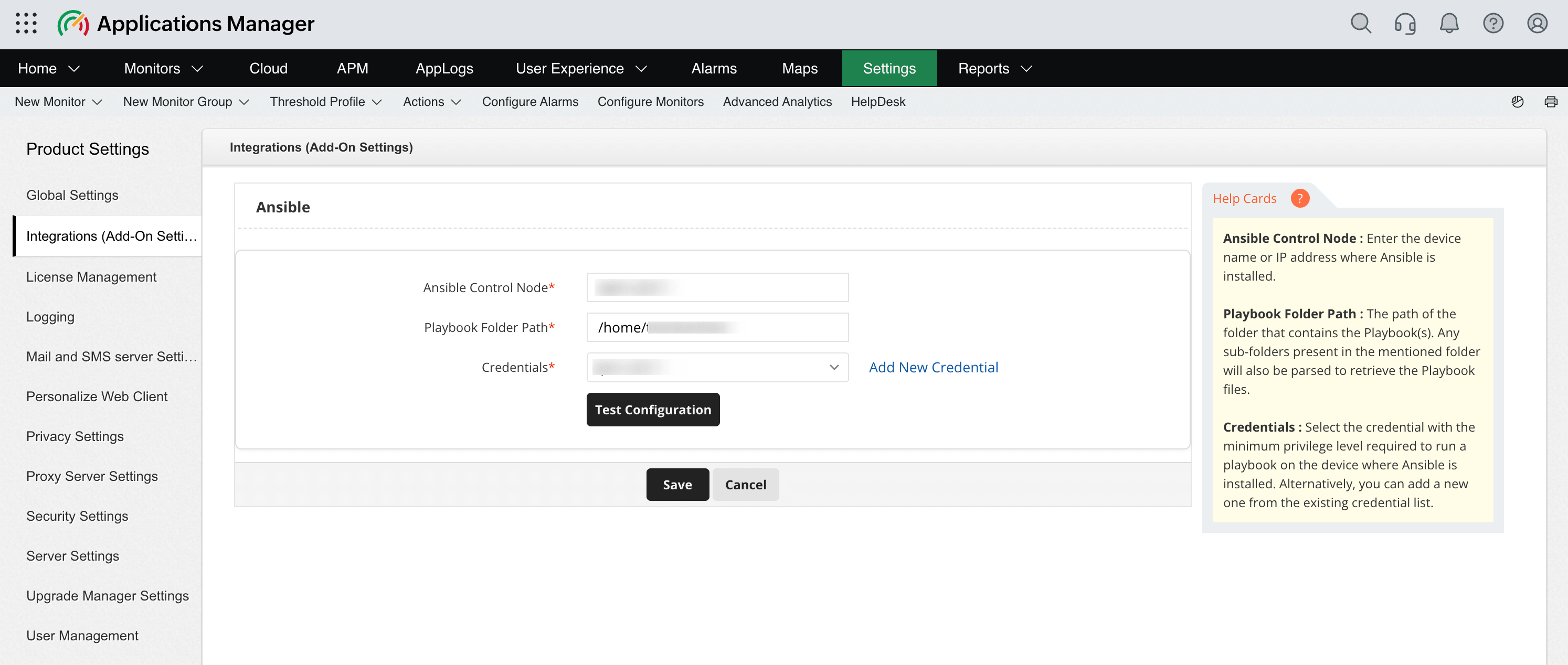 Applications Manager Integrations page showing the Ansible card under IT Automation