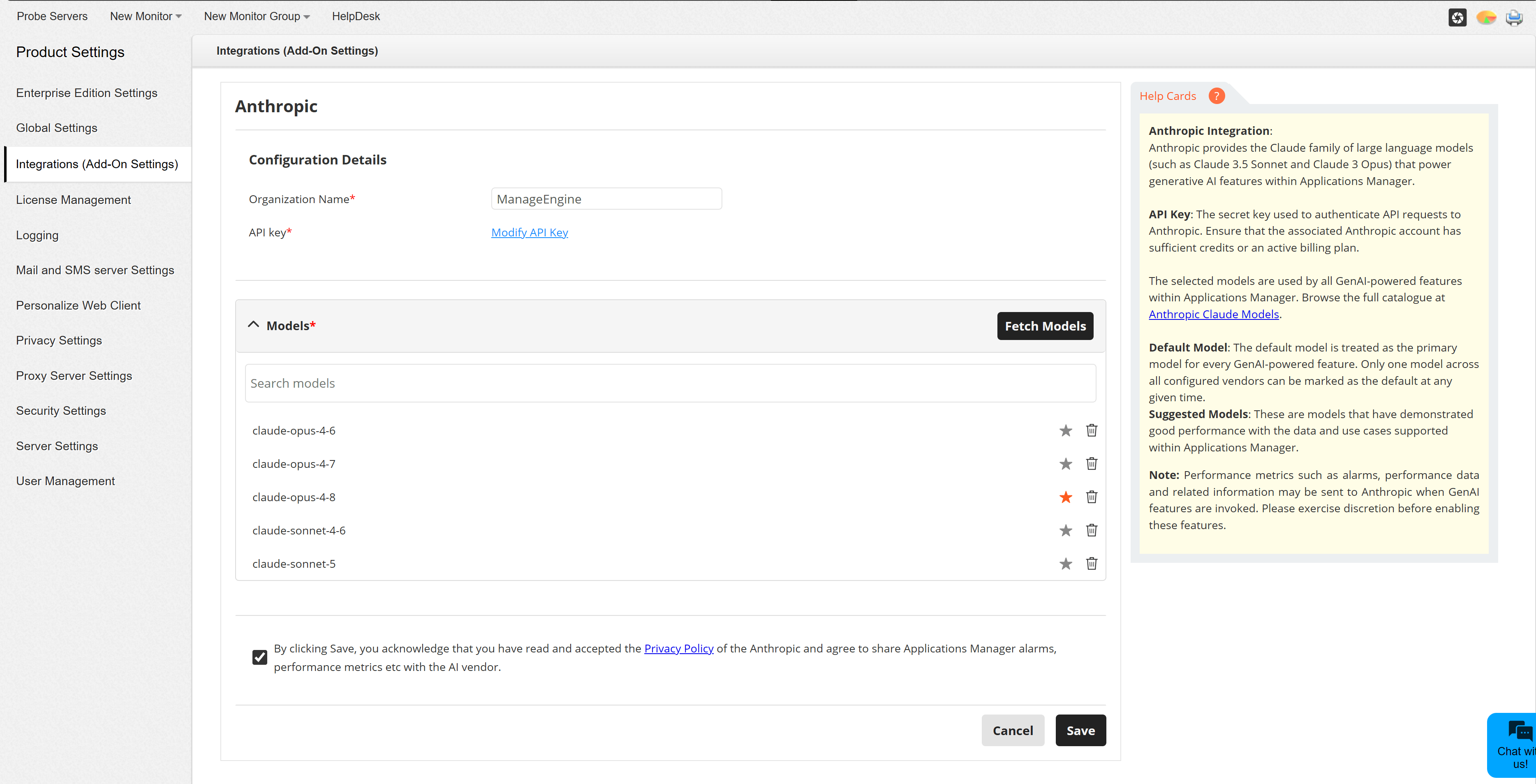 Fetched Anthropic models list showing selected models and the default model star icon