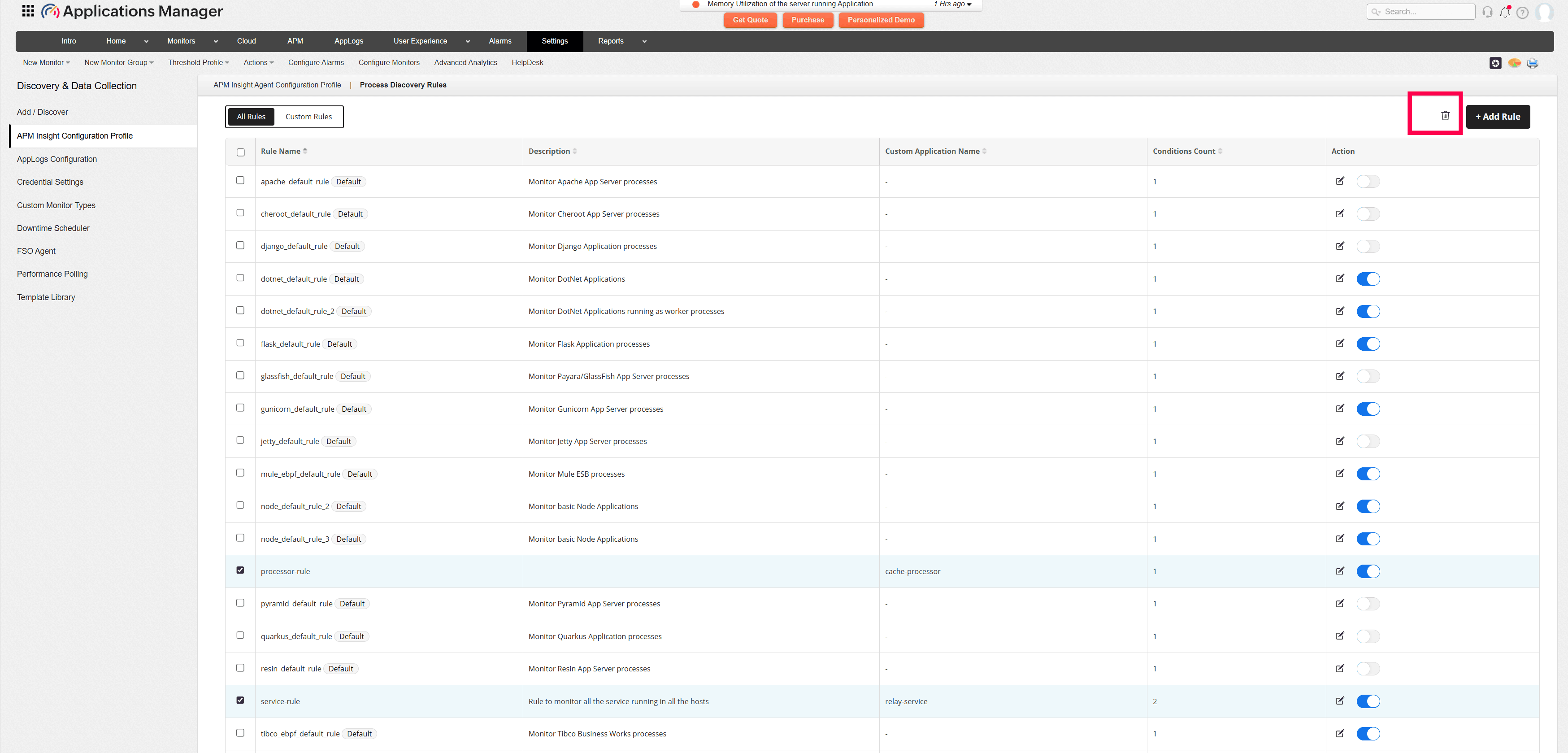 Deleting a process monitoring rule in Applications Manager