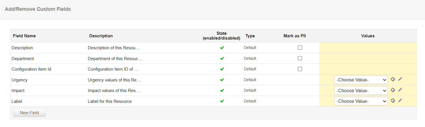 Applications Manager Custom Fields: Add/Remove Custom Fields page showing field names, descriptions, states, types, and values