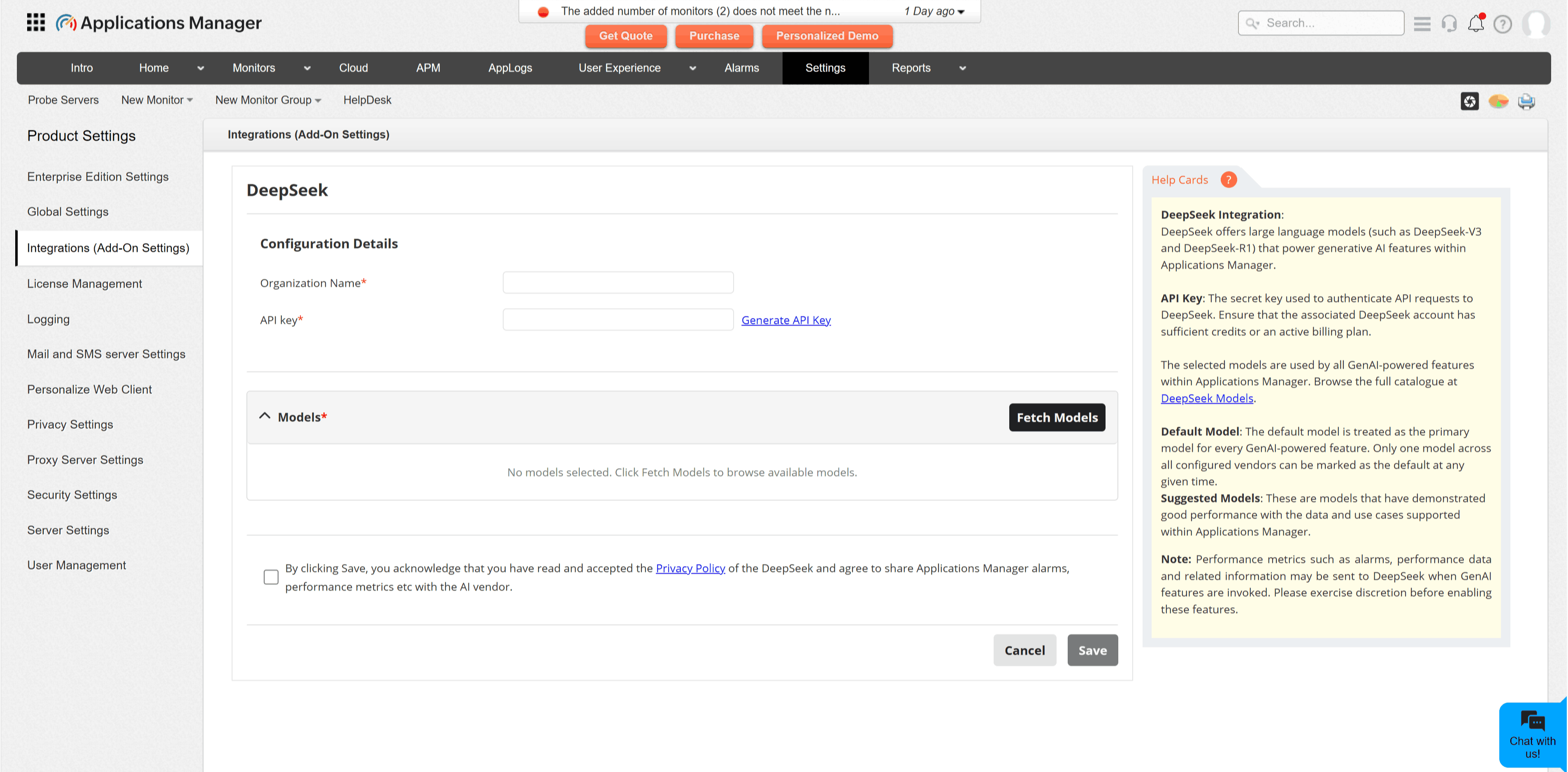 DeepSeek integration configuration page in Applications Manager showing the API Key field