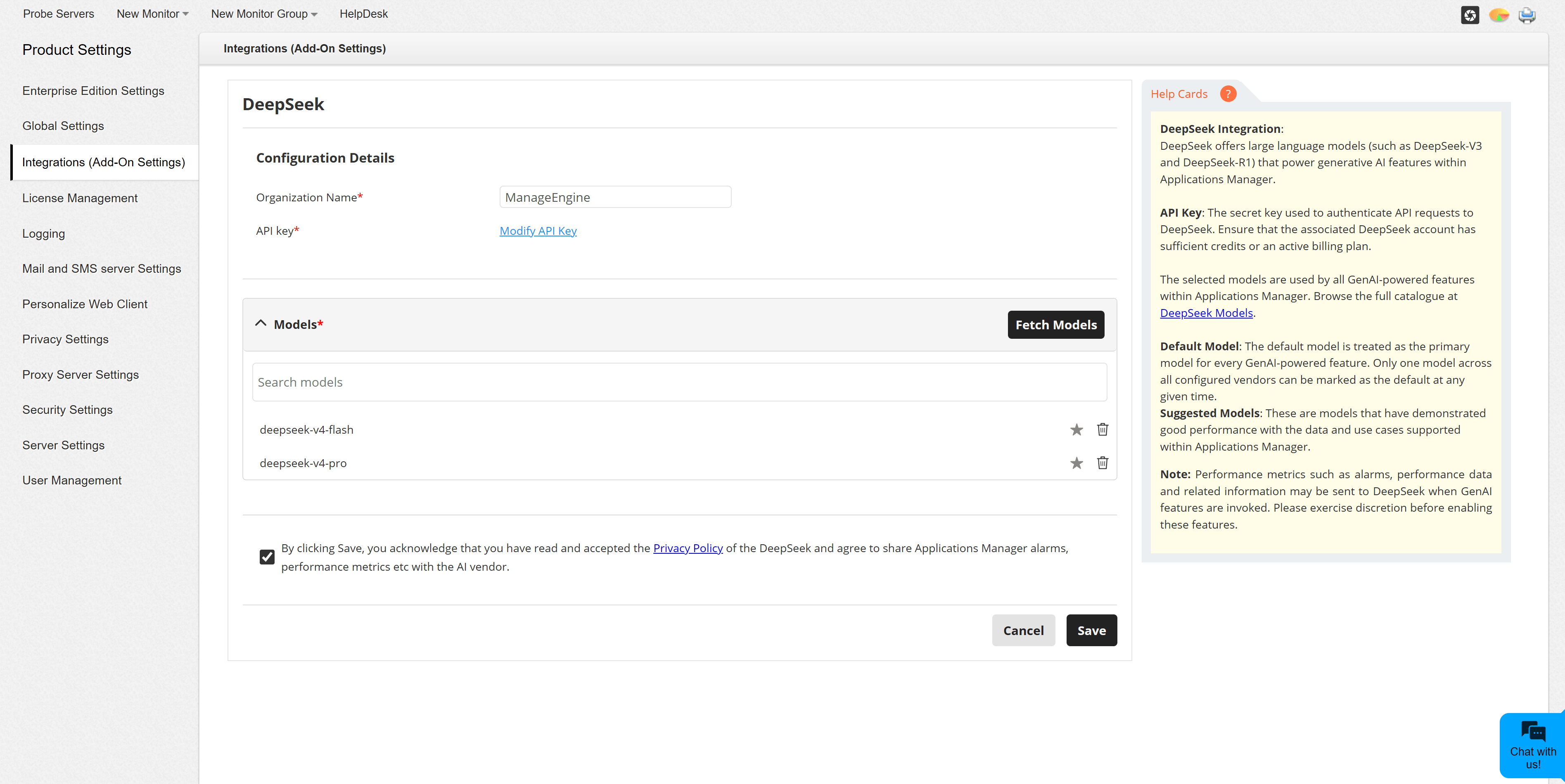 Fetched DeepSeek models list showing selected models and the default model star icon