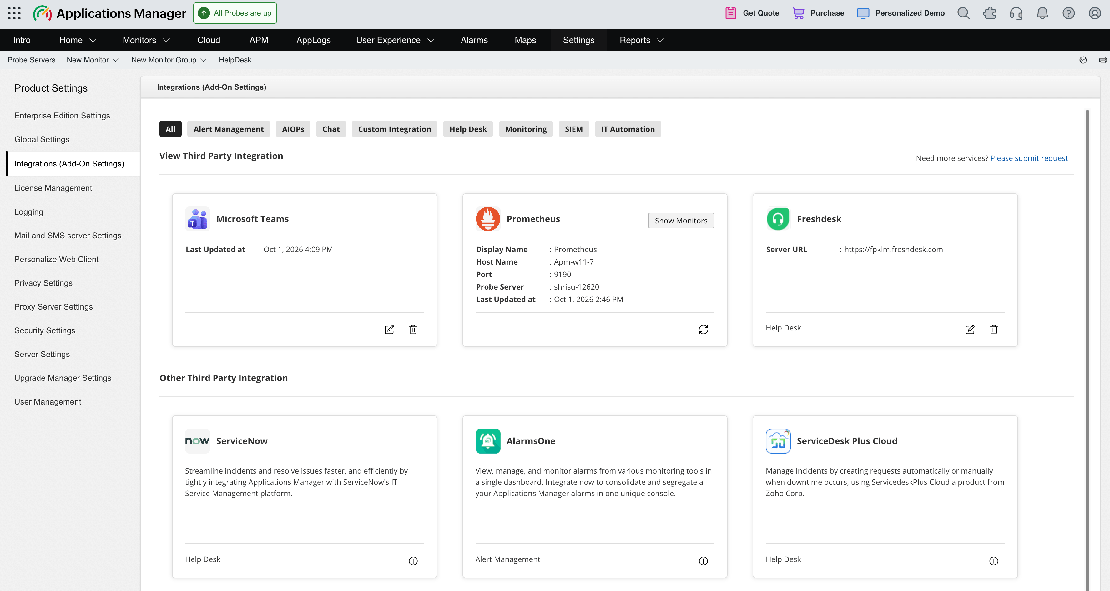 Applications Manager Help Desk integrations page showing Freshdesk after it has been configured