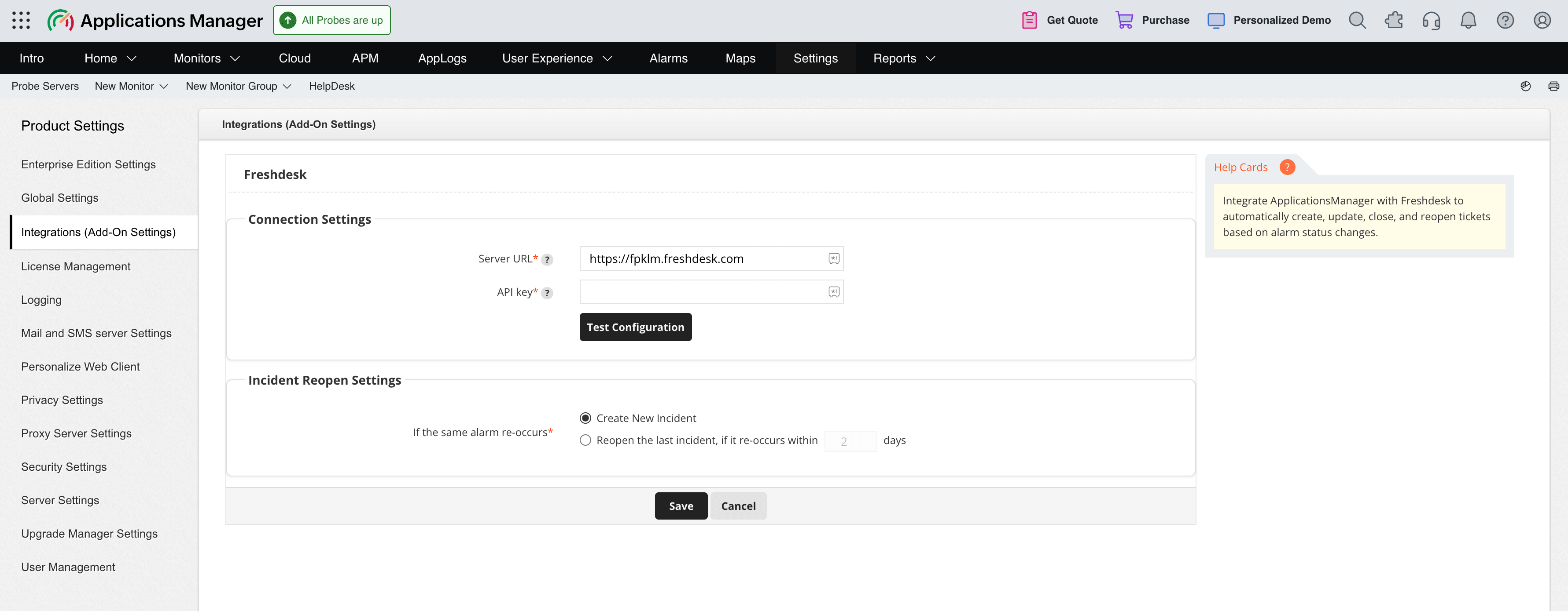 Freshdesk connection settings in Applications Manager showing the Server URL, API key, and Test Configuration fields