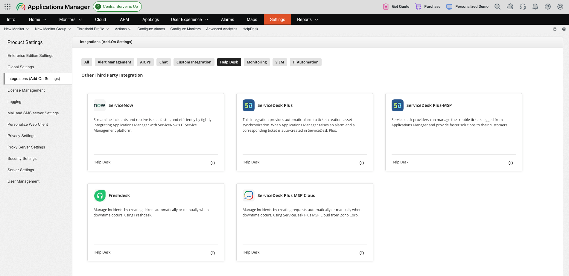 Applications Manager Integrations page showing the Freshdesk integration option