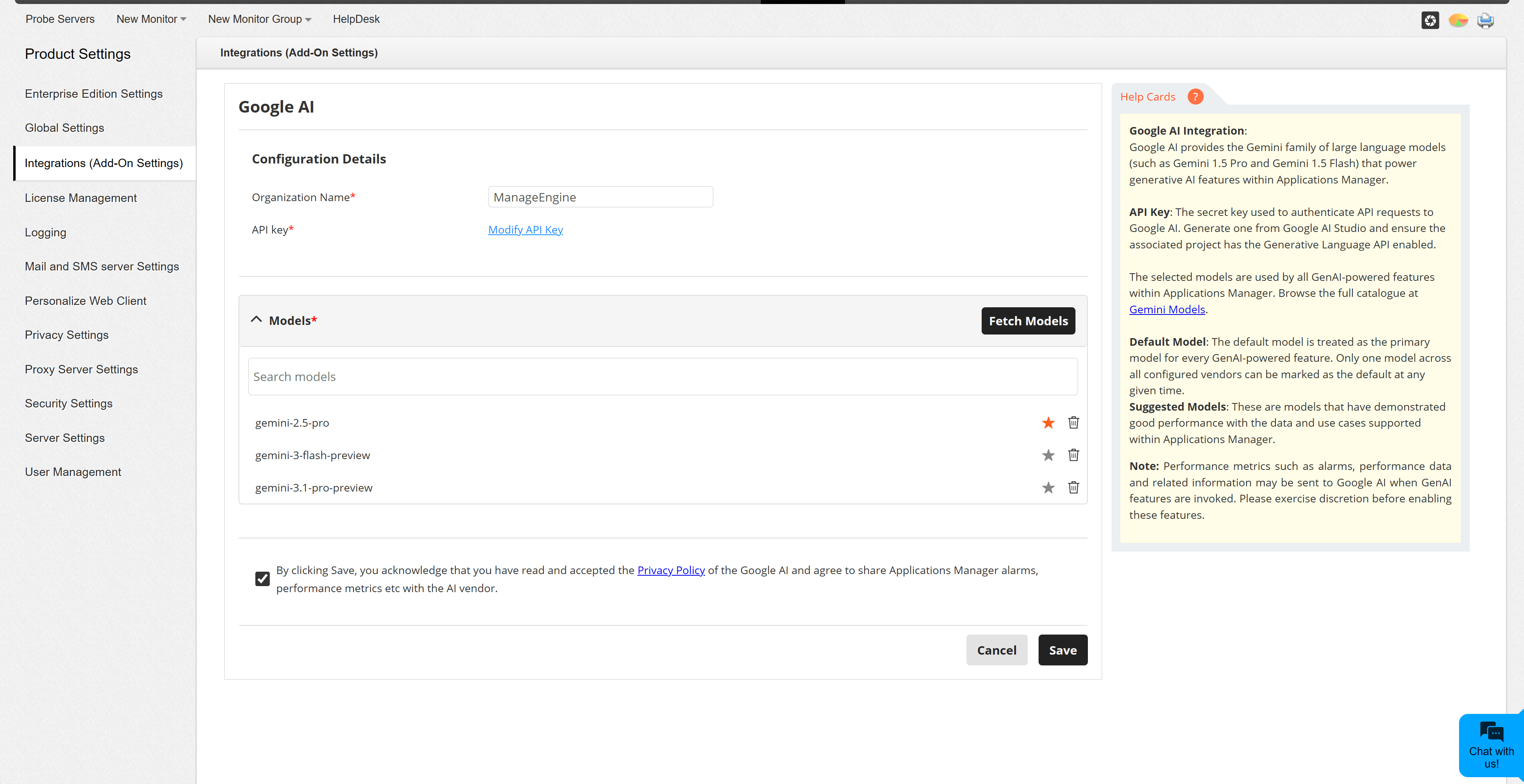 Fetched Google AI models list showing selected models and the default model star icon